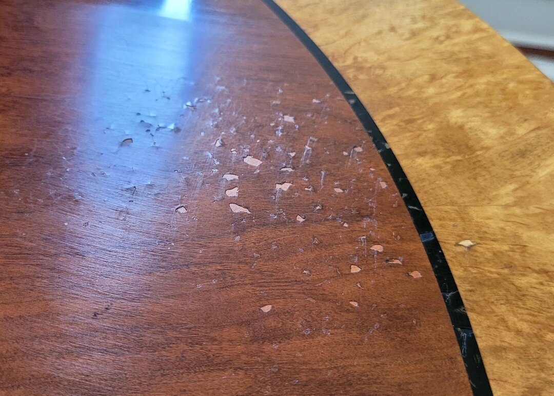 It's also about sheen and texture... not just the color.  One of the toughest parts of a successful table touch up is getting the sheen and texture to match up.  Those long, wide, flat surfaces hide nothing from the light. 

 #refurbishedfurniture #w