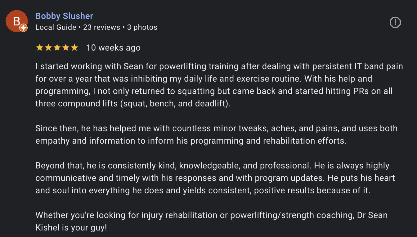 Physical therapist helping strength athlete recover from lifting injury in Buffalo NY