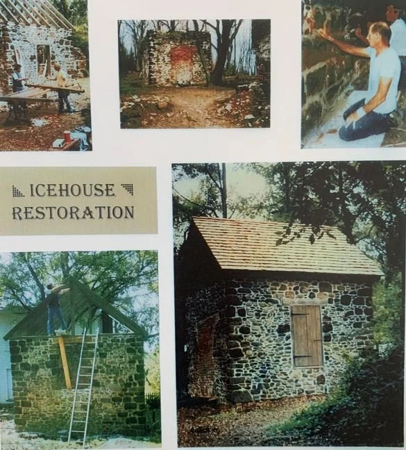 Collage showing the icehouse restoration.