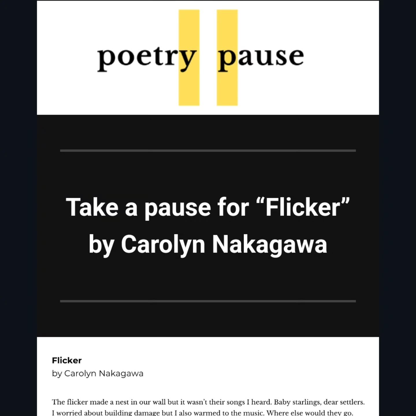 Happy Poetry Month! My poem &quot;Flicker&quot; is today's poem in @canadianpoets Poetry Pause. Read it at poets.ca or by signing up for their free Poetry Pause newsletter!