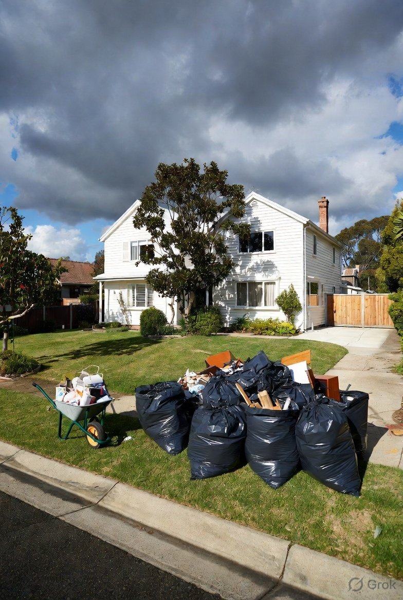 Pile of black garbage bags and a white wheelbarrow filled with trash outside a white house with a front yard.