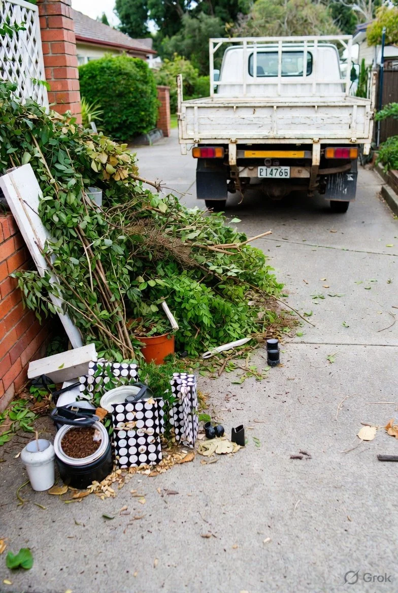 Garden debris and trash, including broken black and white patterned containers, a white cup, and some small objects, are accumulated on the sidewalk next to a brick wall with green foliage. A white pickup truck is parked on the street in the backgrou