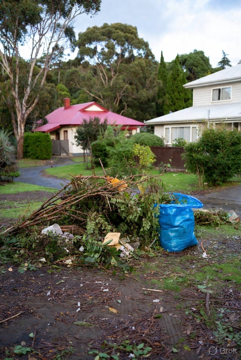 A pile of yard debris including branches, leaves, and trash in front of a blue trash bag on a wet driveway with houses and trees in the background.