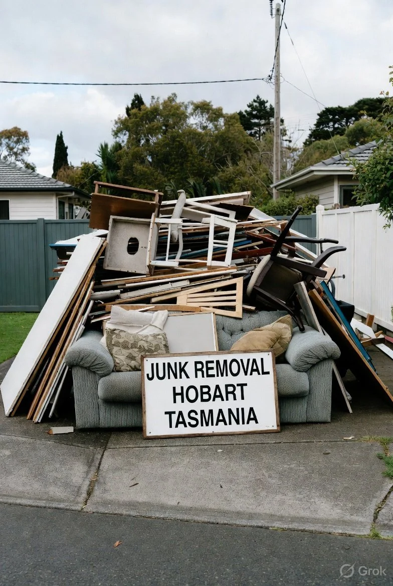A large pile of furniture and household items on a couch, with a sign that reads "Junk Removal Hobart Tasmania" in front of it.