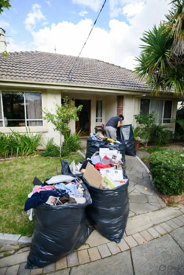 Large black trash bags filled with clothes and other household items outside a house.