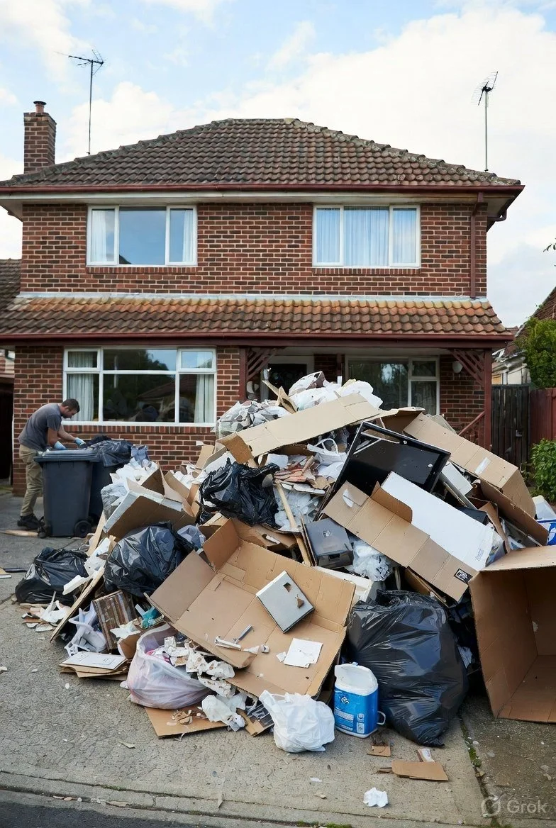 A large pile of trash, including cardboard boxes, black garbage bags, and discarded household items, sits in front of a brick house with two stories and a tiled roof. A person is seen on the left, tossing garbage into a trash bin.
