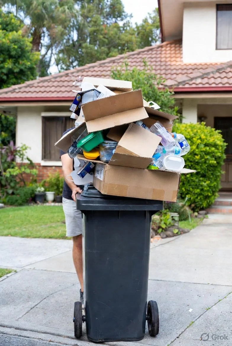Person pushing a large garbage bin filled with overflowing cardboard boxes and plastic containers in driveway outside residential house with red-tiled roof and trees.