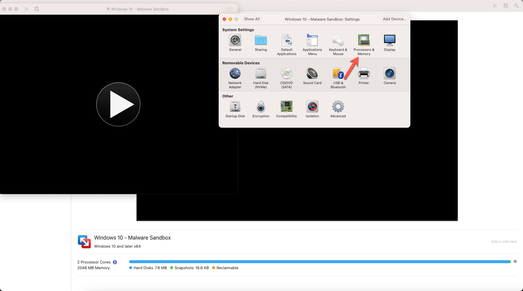 VMWare Fusion Select Processors & Memory