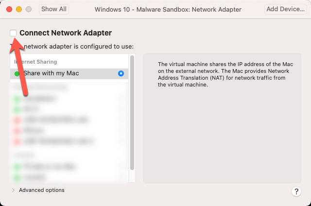 VMWare Fusion Unselect Connect Network Adaptor