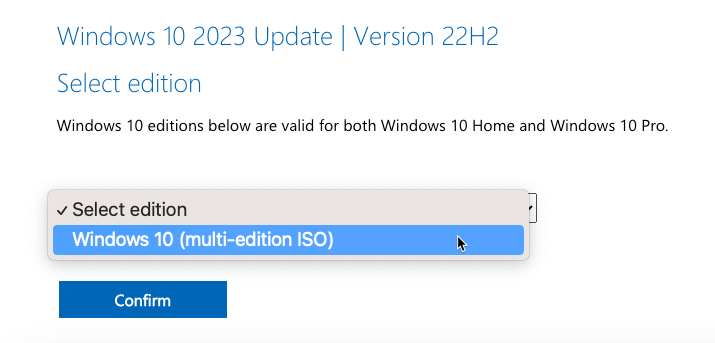 Select Windows 10 Edition ISO