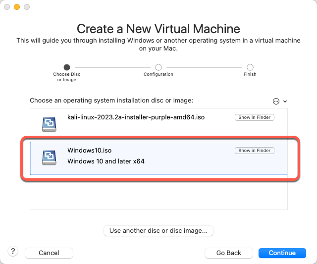 Choose Windows 10 ISO image on VMWare Fusion import