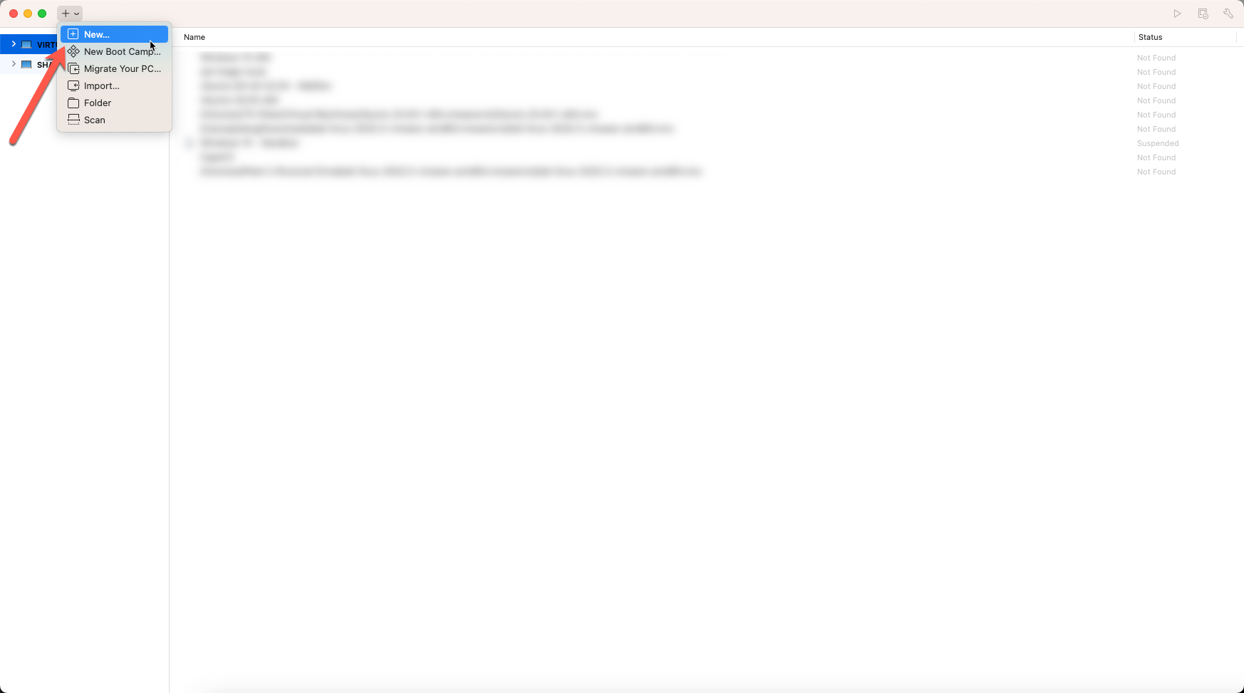 Add new virtual machine on VMWare Fusion button