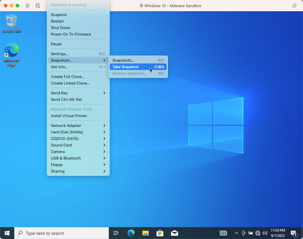 VMWare Fusion Take Snapshot