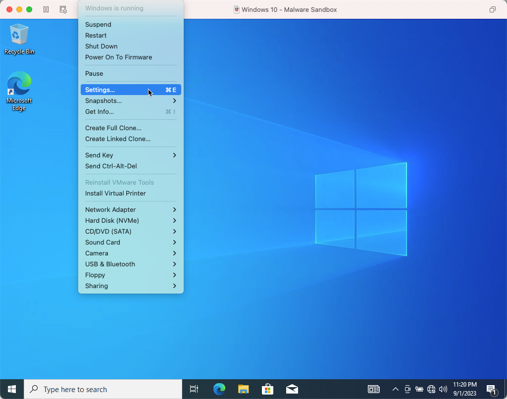 VMWare Fusion options, select Settings