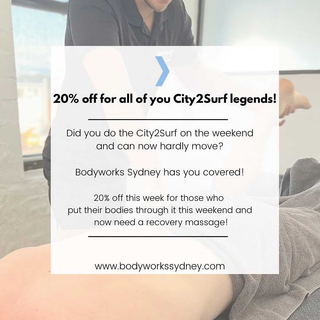 Congrats to all who completed the City2Surf last weekend! Give back to your body and book in a massage this week to receive 20% off for all of your efforts 💪. Mention &lsquo;City2Surf&rsquo; at the time of booking. Valid for bookings attended before