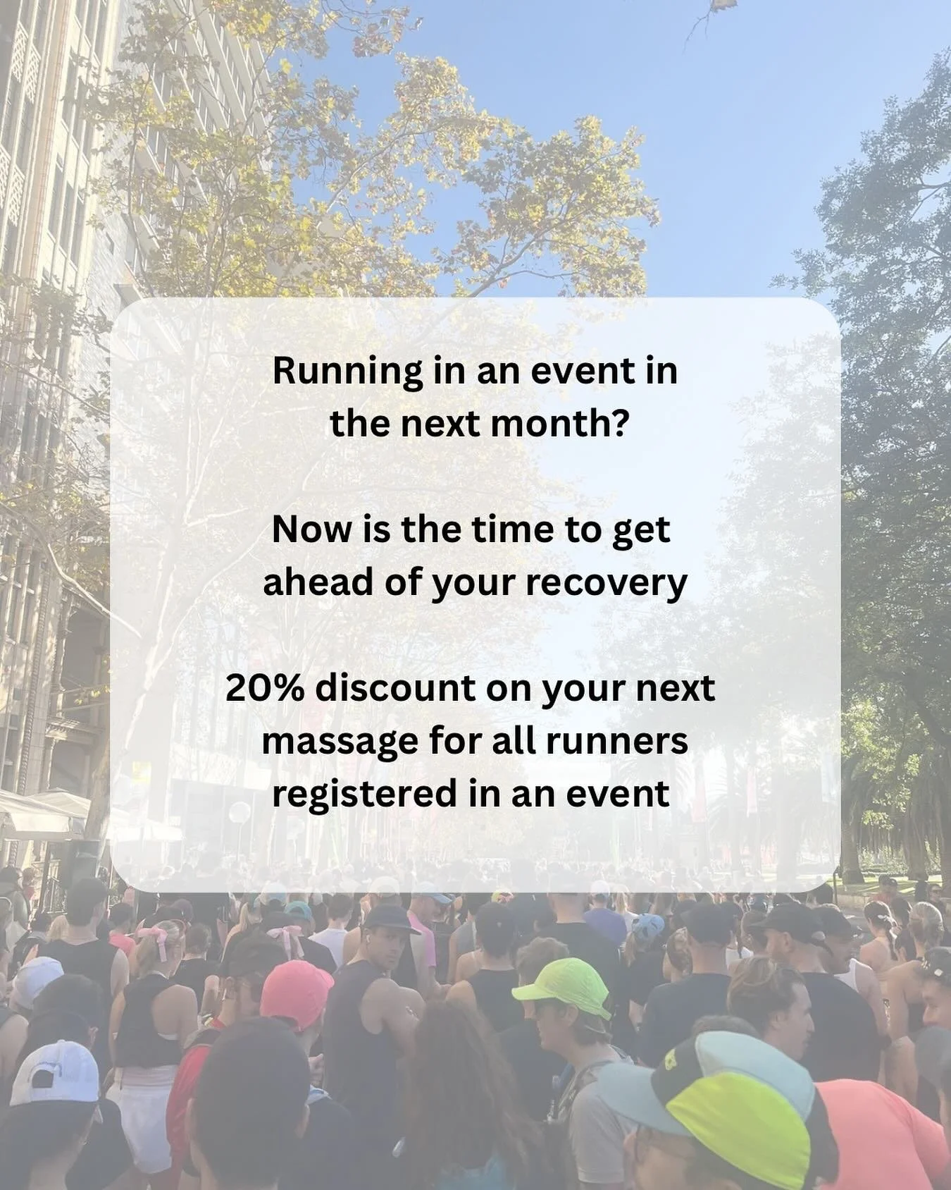 It&rsquo;s running season, and now is the time the programs are peaking. Be ahead of your running, and book in your session before the running volume gets you. 20% discount on your next massage for any runner with a race on the horizon. Discount vali
