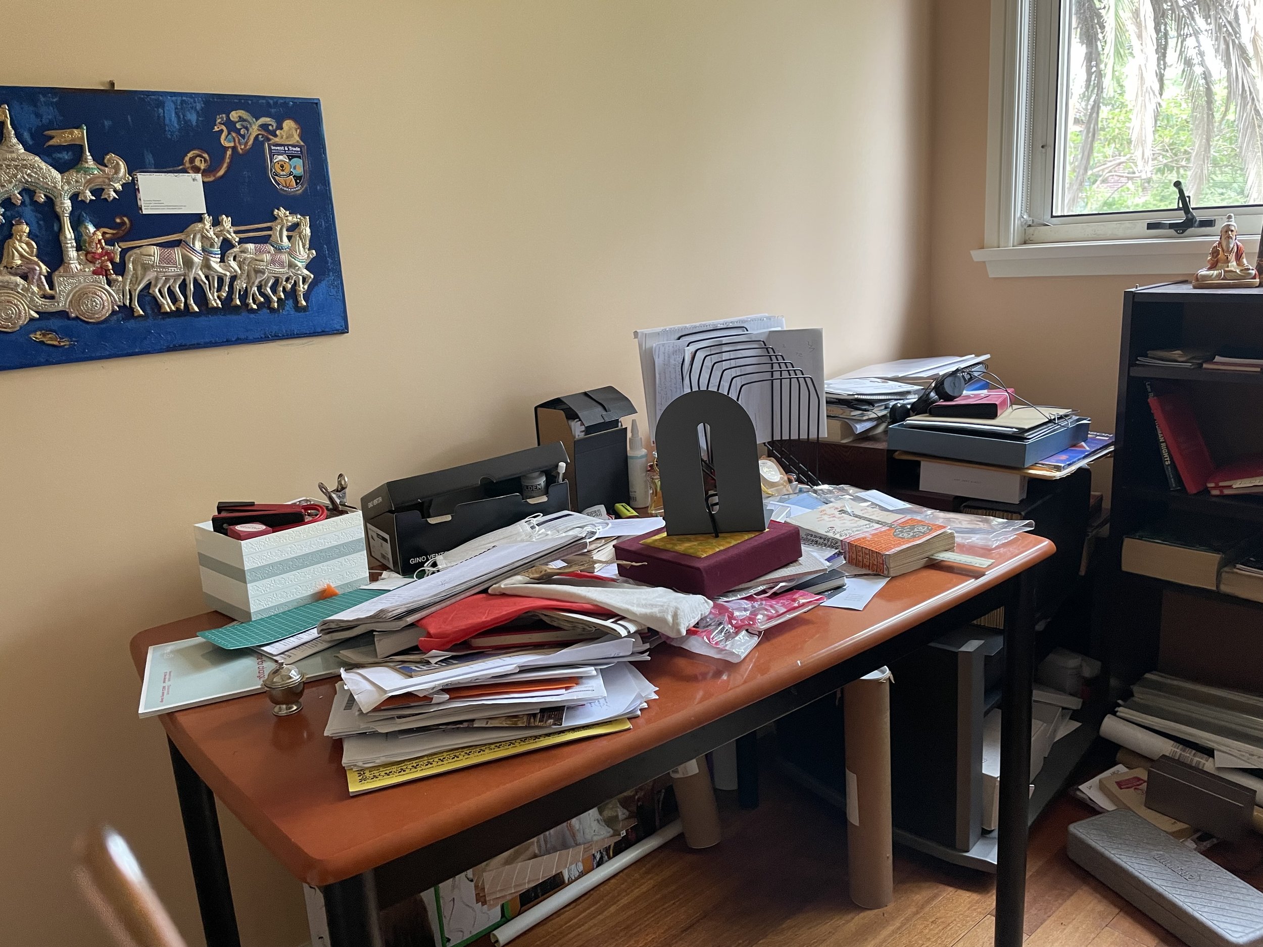 myDesk...(quotable quotes: when the desk fills up move to the dining table)