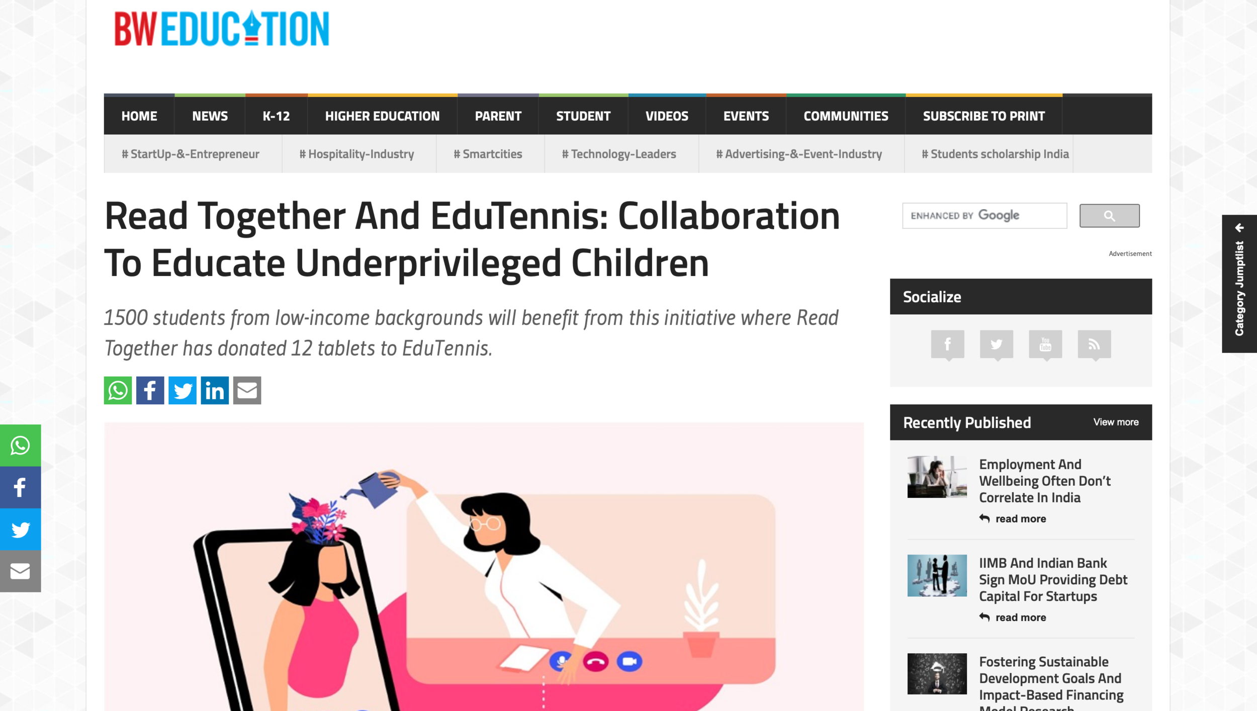 BW Education is a category of education related articles covered by the Business World magazine. It covered Read Together's partnership with EduTennis in which the children of the NGO benefitted from the tablets (donated by us) as well as the program