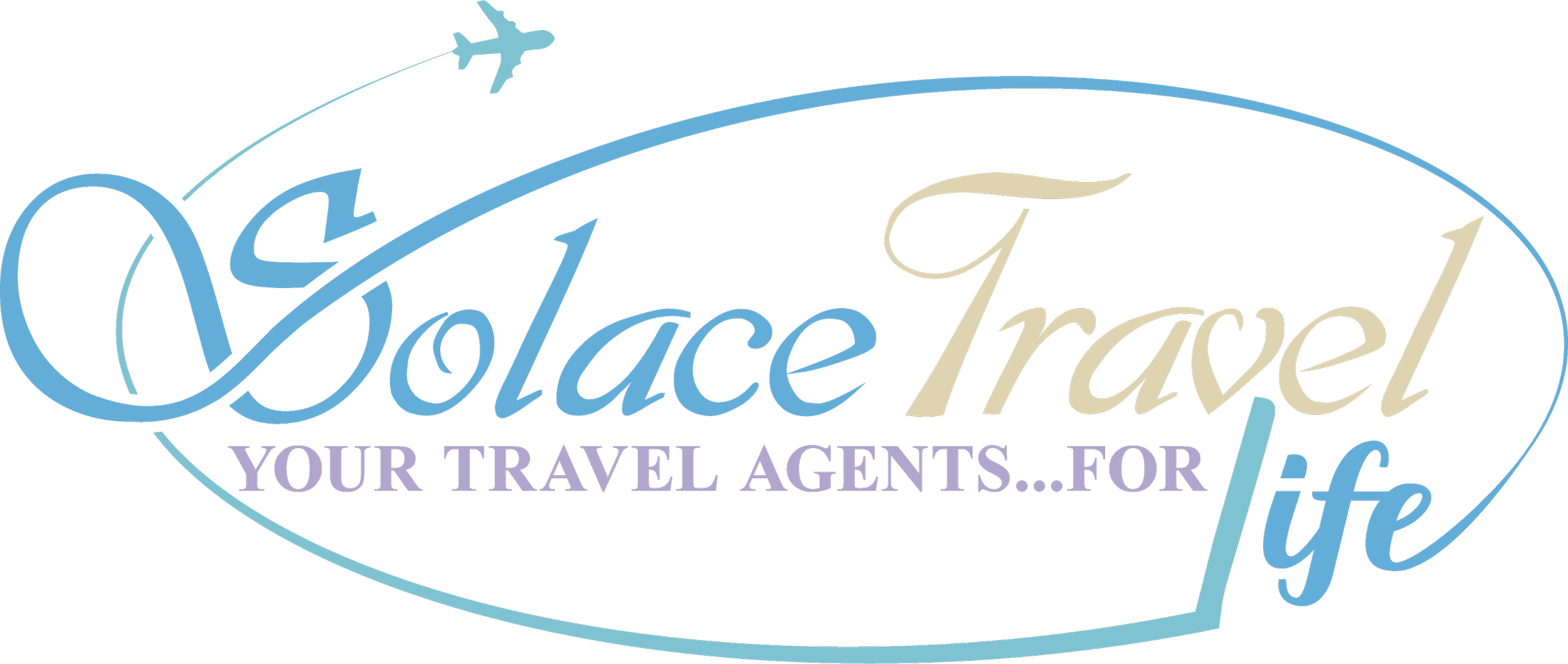 Logo for Solace Travel with an airplane flying over the text, which reads 'Solace Travel' and 'Your Travel Agents for Life' in stylized fonts.