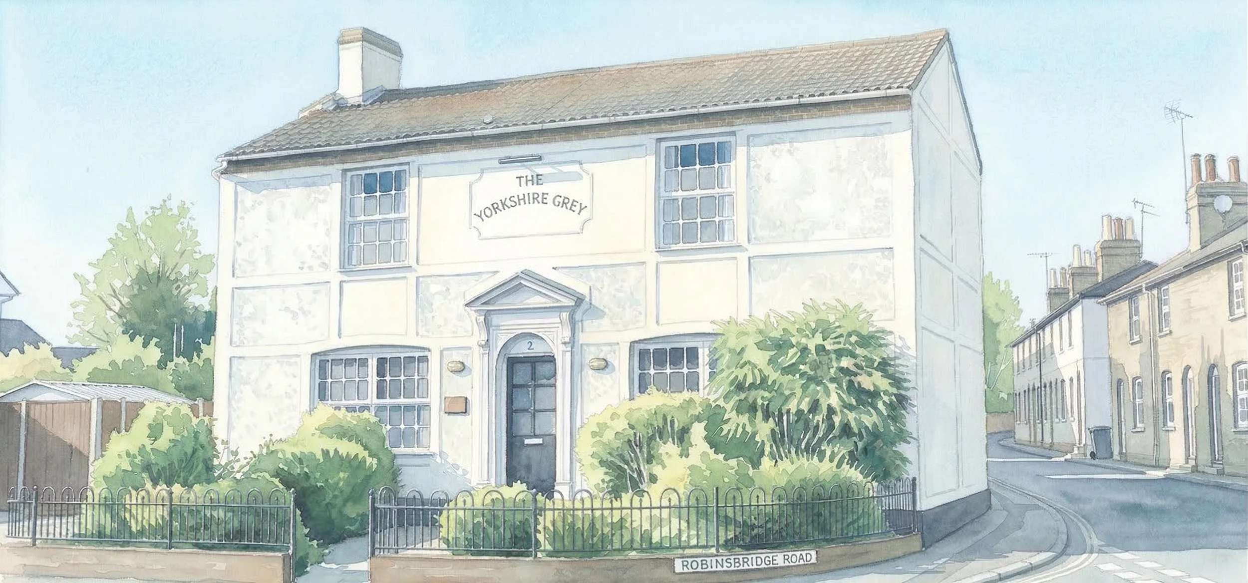 Watercolor painting of a white building with a sign that reads 'The Yorkshire Grey' on Robinsbridge Road. The building has two stories, rectangular windows, and a black front door with a small porch. There are green bushes and a fence in front. To the right, a narrow street curves past neighboring houses, with chimneys and TV antennas visible on the rooftops.