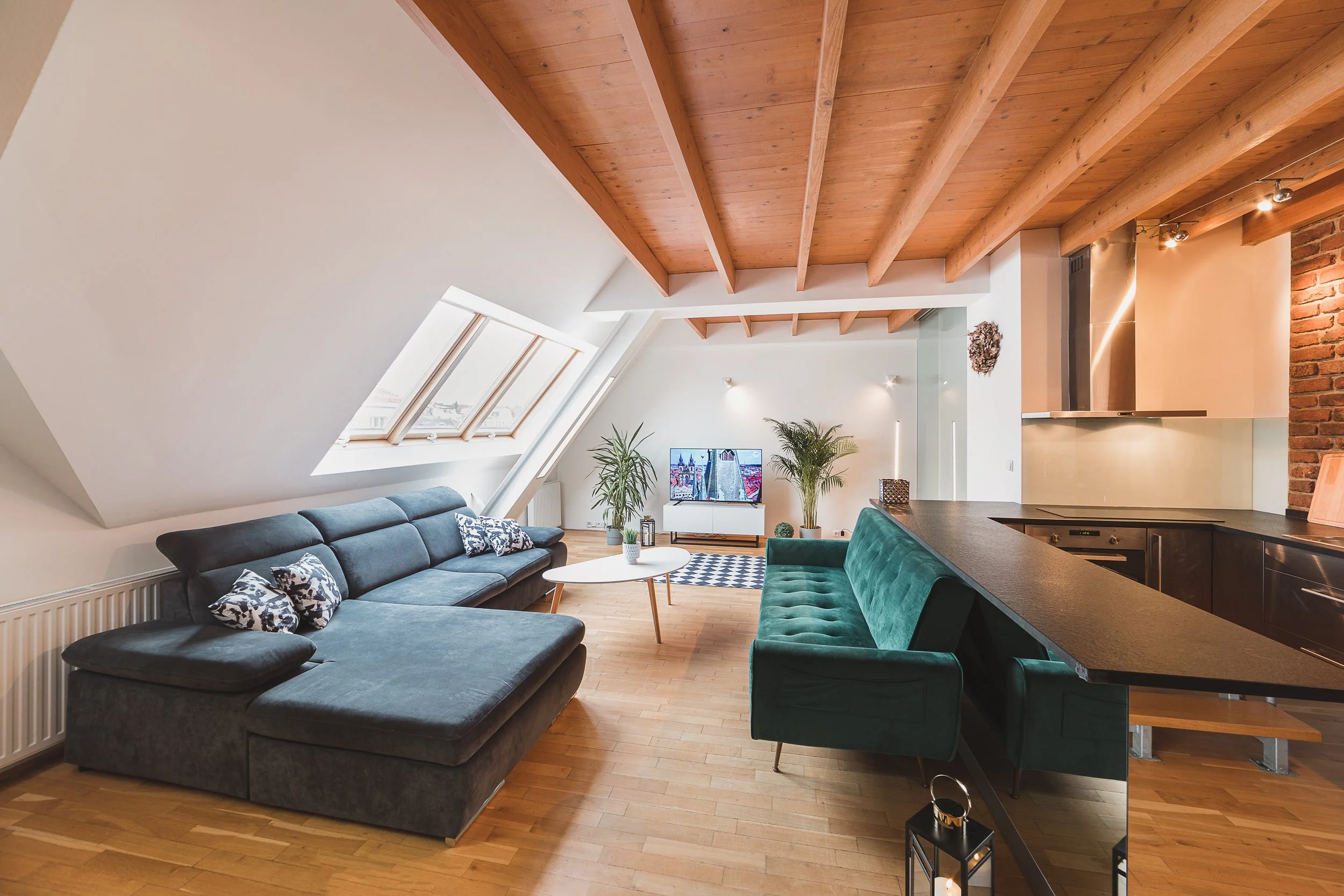 Living room with sloped ceiling, skylight windows, a dark gray sectional sofa with patterned cushions, a green velvet armchair, a flat-screen TV on a white stand, plants, and a kitchen area with a black countertop and stainless steel appliances. Expo