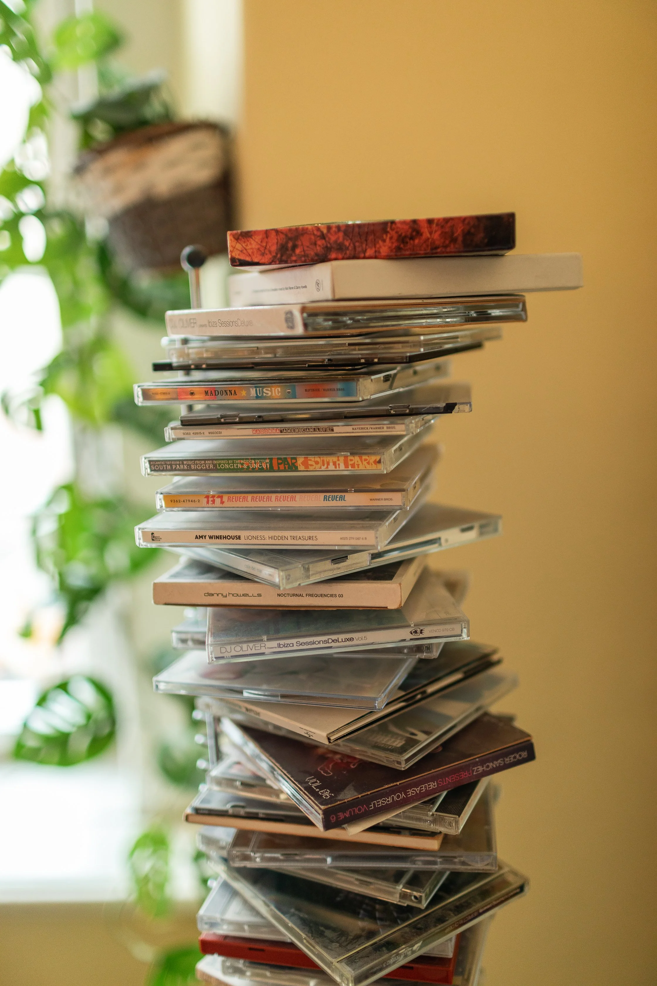 A tall, slightly leaning stack of CDs or DVD cases on a stand or shelf, with some titles visible and a plant with green leaves in the background.