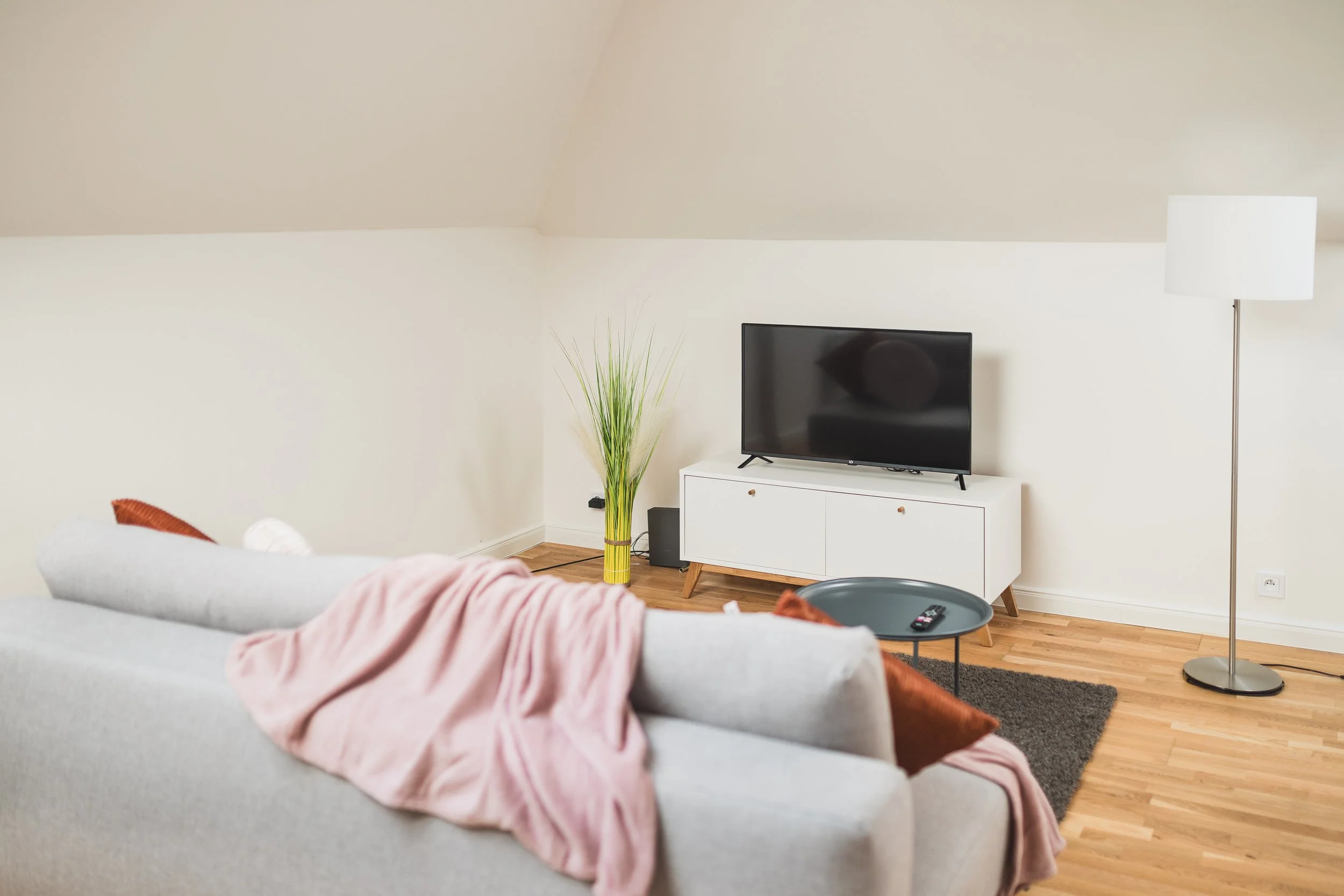 Living room with white walls, a flat-screen TV on a white console, a green potted plant, a white floor lamp, and a gray sofa with a pink throw blanket and brown pillows.