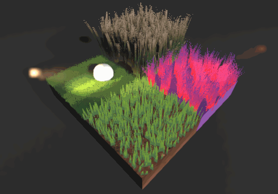 There are tons of customization options, and the grass works with multiple light sources, cast shadows, and can multiple spheres displacing it.