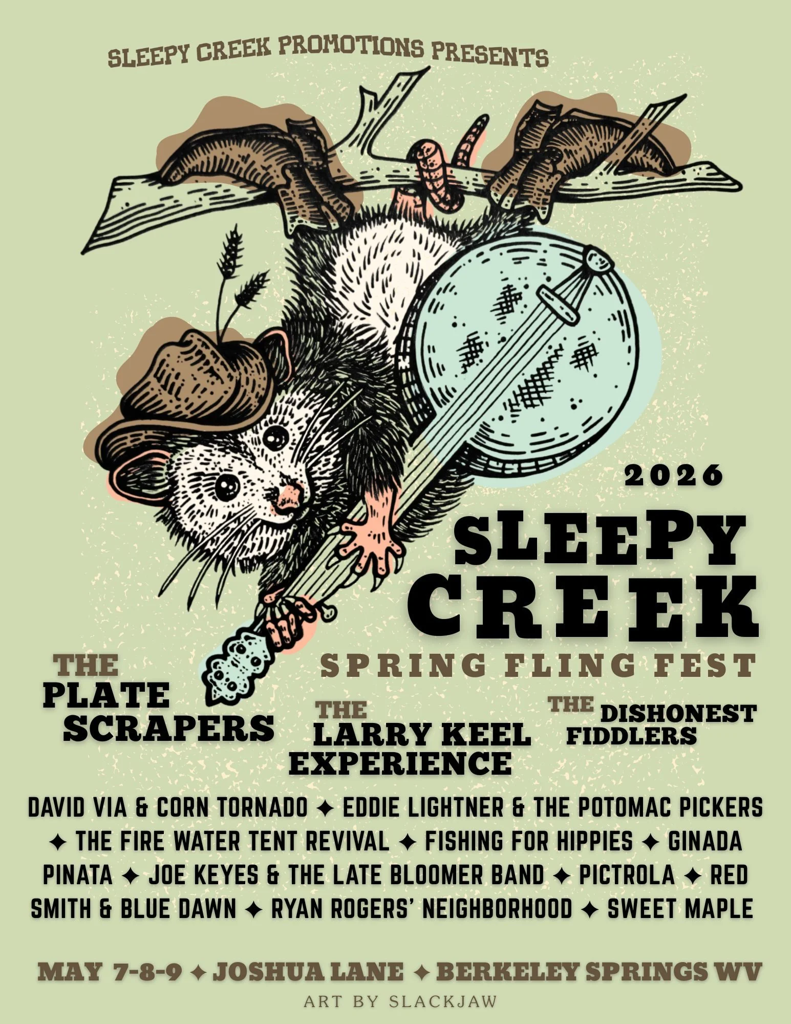 A colorful illustrated poster for the 2026 Sleepy Creek Spring Fling Fest showing a ferret dressed in a hat, holding a wooden sword, and wearing a small backpack with a plant. The poster has a light green background with the event details and ads for performers and activities.