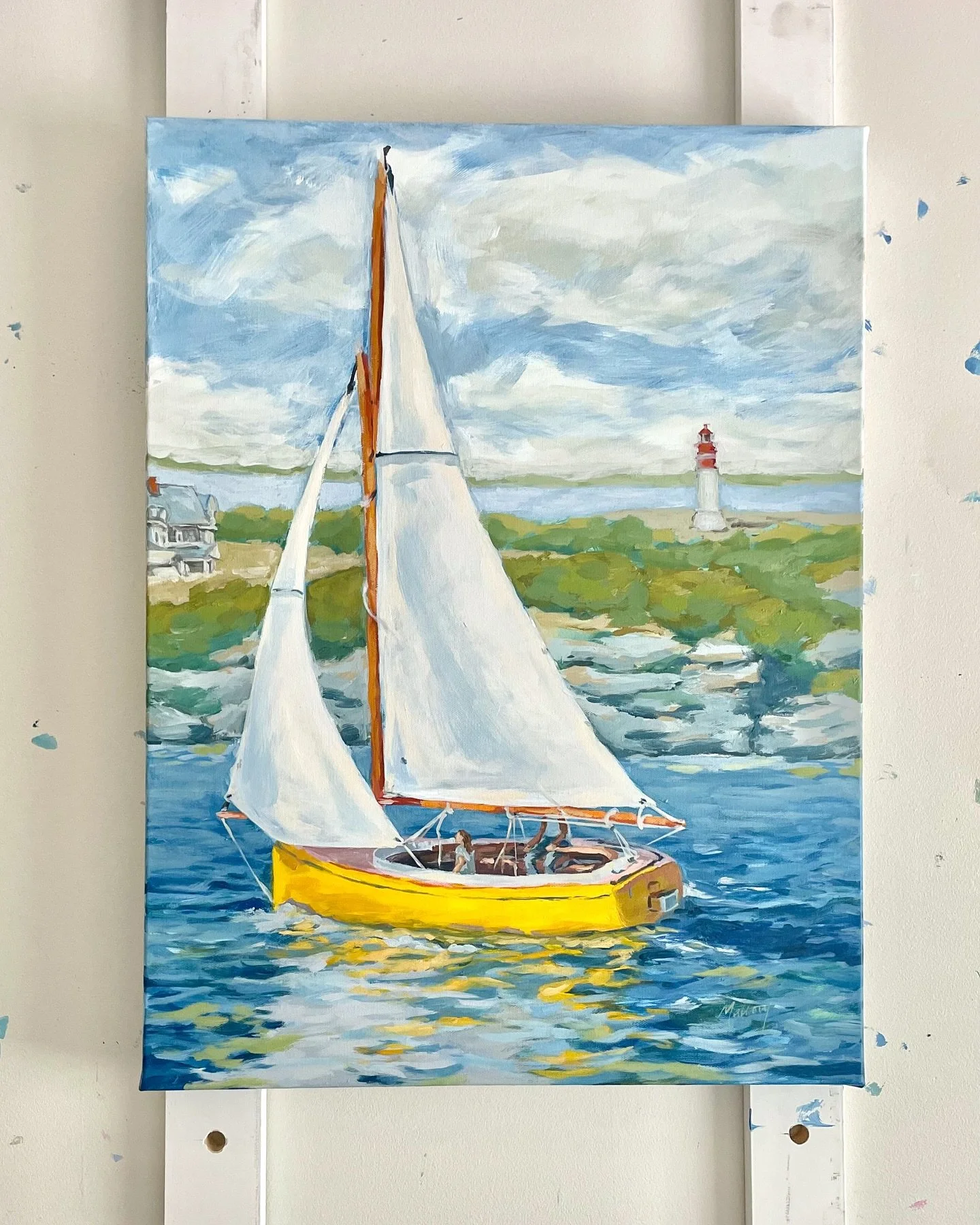 The last ship of this series in sailor coat yellow (cad yellow + yellow ochre). I did a little piecing together this time to make this imaginary composition, from the cape cod home to the lighthouse and rocky shoreline, and wanting the star of the sh