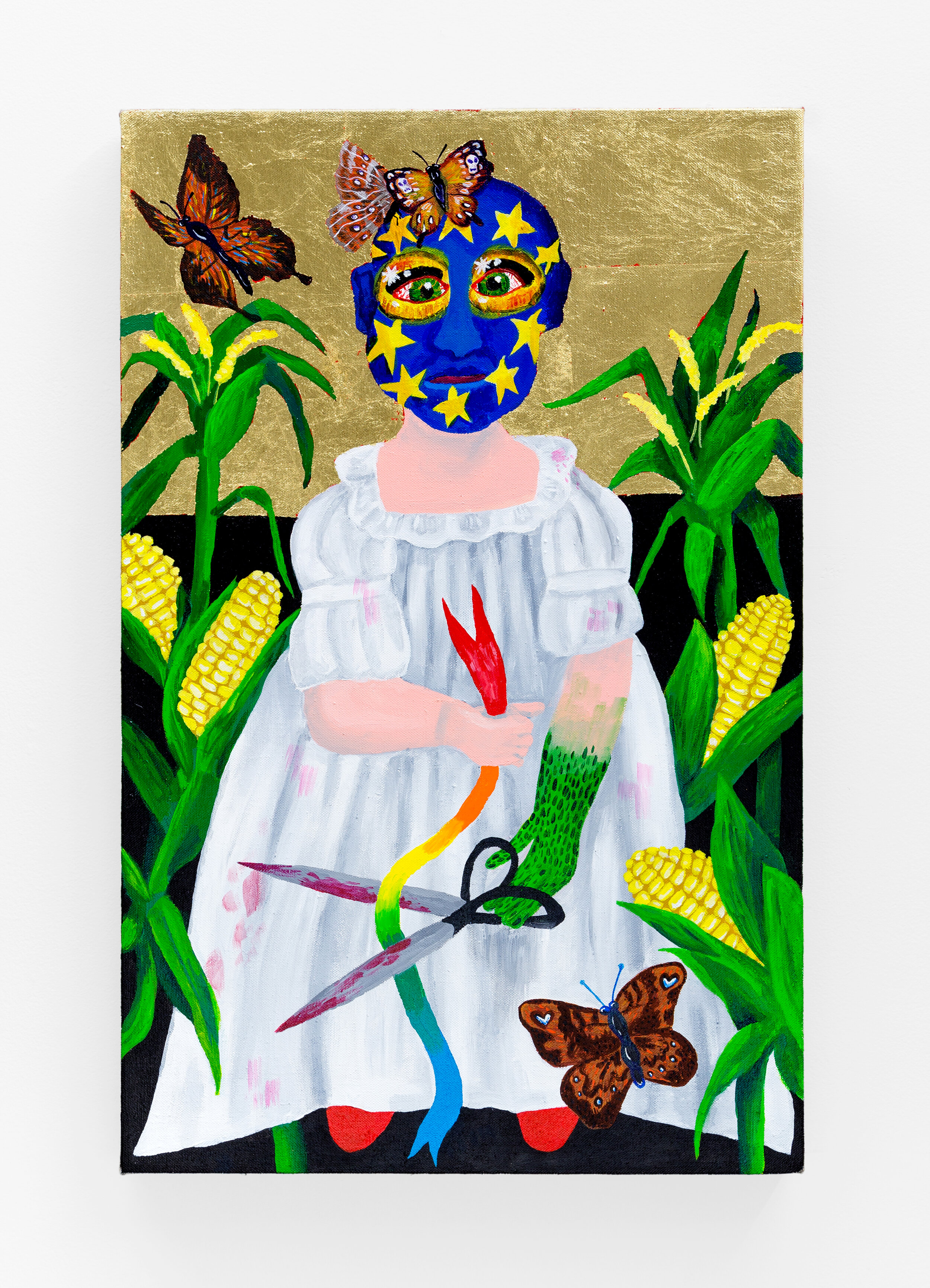   Girl with Goat Eyes Face Paint and Corn , 2018  24 x 15.24 x 1.5 inches (60.96 x 38.71 x 3.81 cm.)  Acrylic and gold leaf on linen  Private collection, New York 