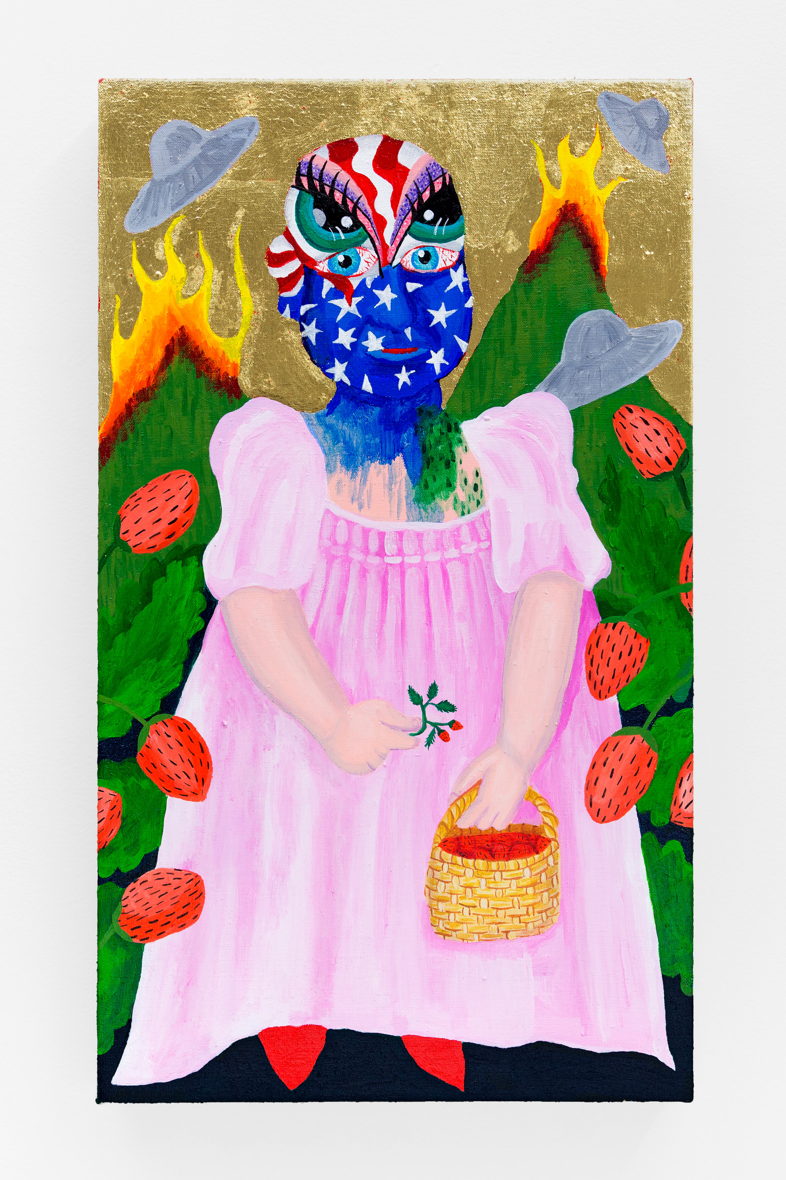  Girl with Wild Strawberries and Wicker Basket (The World Burns), 2018  19.25 x 11.5 x 1.5 inches (48.89 x 29.21 x 3.81 cm.)  Acrylic and gold leaf on linen 