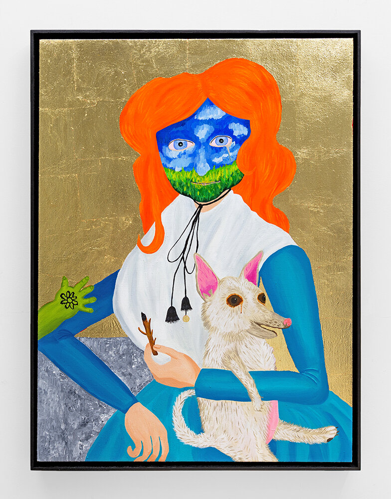   Ms. Old Put , 2018  Acrylic and gold leaf on canvas  35 x 26 x 1.5 inches (88.9 x 66.04 x 3.81 cm.)  Private collection, New York  