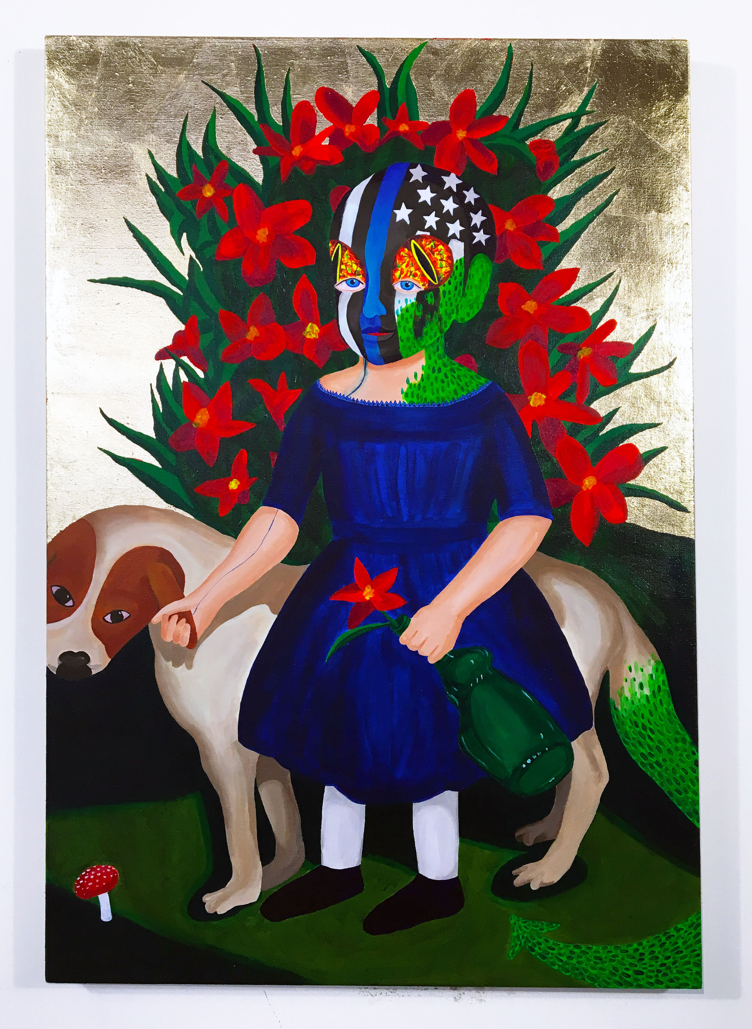  Little Boy and Dog (Hiroshima Glass and Oleanders), 2018  39 x 26 x 1.5 inches (99.06 x 66.04 x 3.81 cm.)  Acrylic and gold leaf on linen  Private collection, New York 