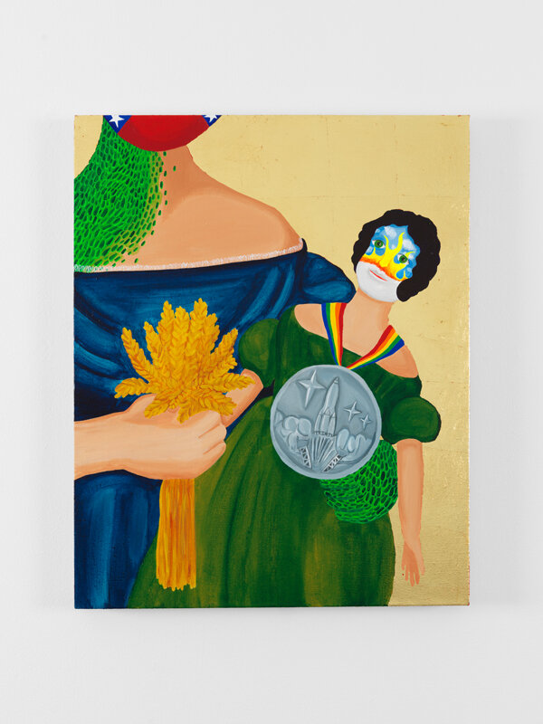   Girl with Doll and Wheat (Burning White Flag Face Paint), 2018   31 x 25 x 1.5 inches (78.74 x 63.5 x 3.81 cm.)  Acrylic and gold leaf on linen 