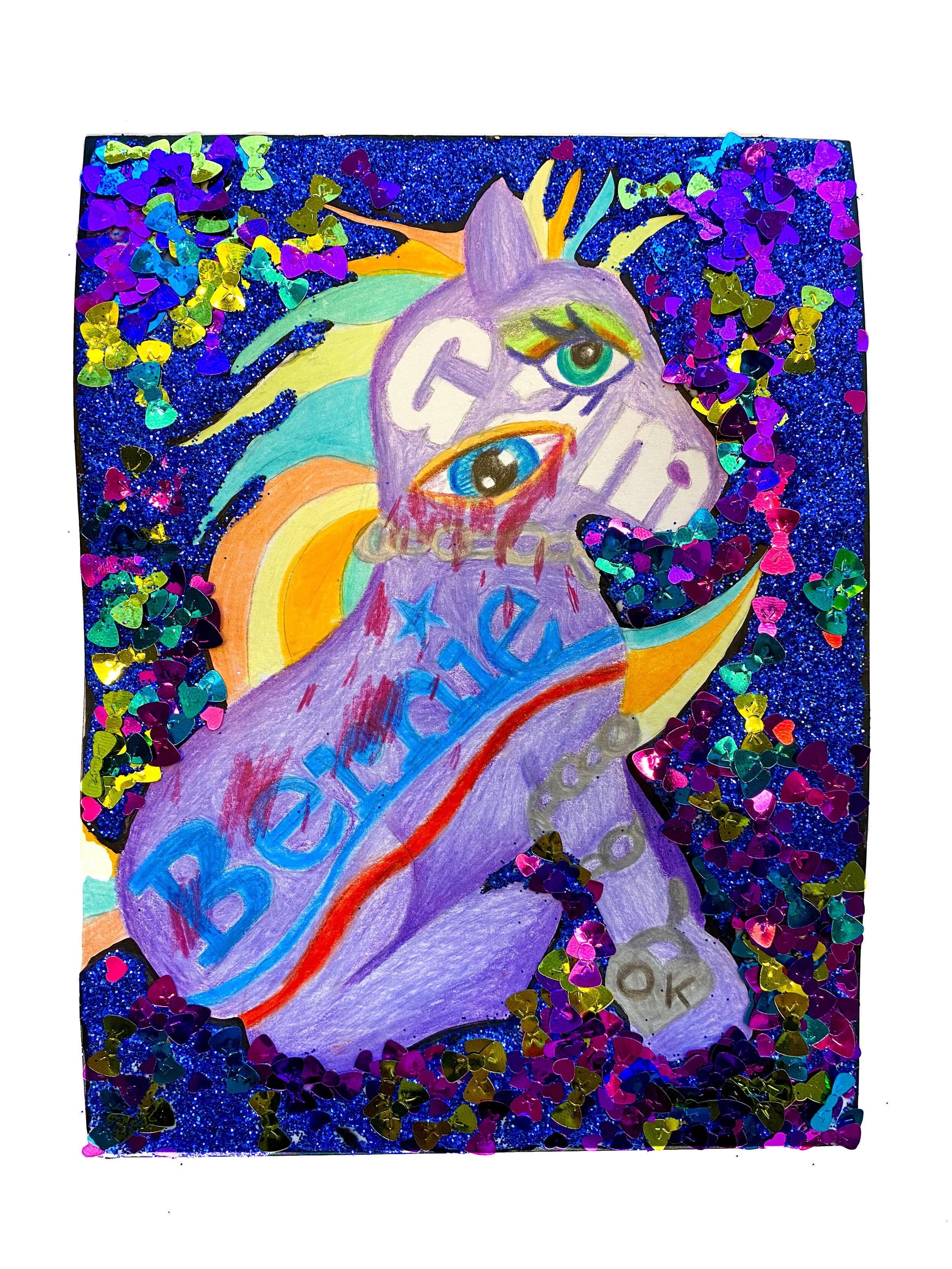   Ashamed Girls Pony #2 (Bernie and Gamestop Body Paint with Mysterious Eye Crying Blood) , 2021  8 x 6 inches (20.32 x 15.24 cm.)  Colored pencil, acrylic paint, Elmer's glue, Modge Podge, Hello Kitty Confetti, and glitter on paper 