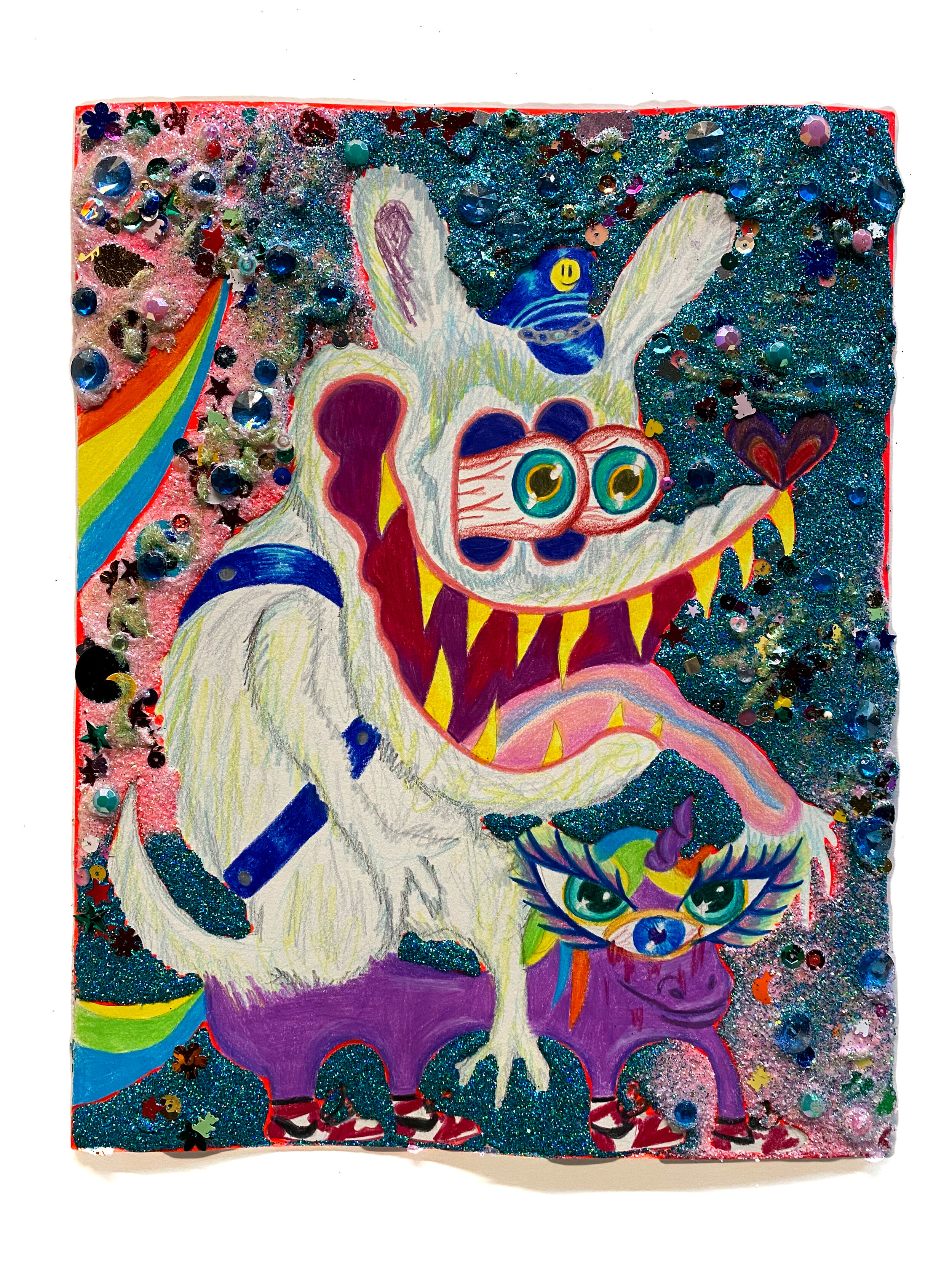   Ashamed Girls Pony #7 (OG Bobby Dolphin Riding a Purple Unicorn),  2021  14 x 11 inches (35.56 x 27.94 cm.)  Colored pencil, sequins, plastic gems, acrylic paint, Elmer's glue, Modge Podge, and glitter on paper 