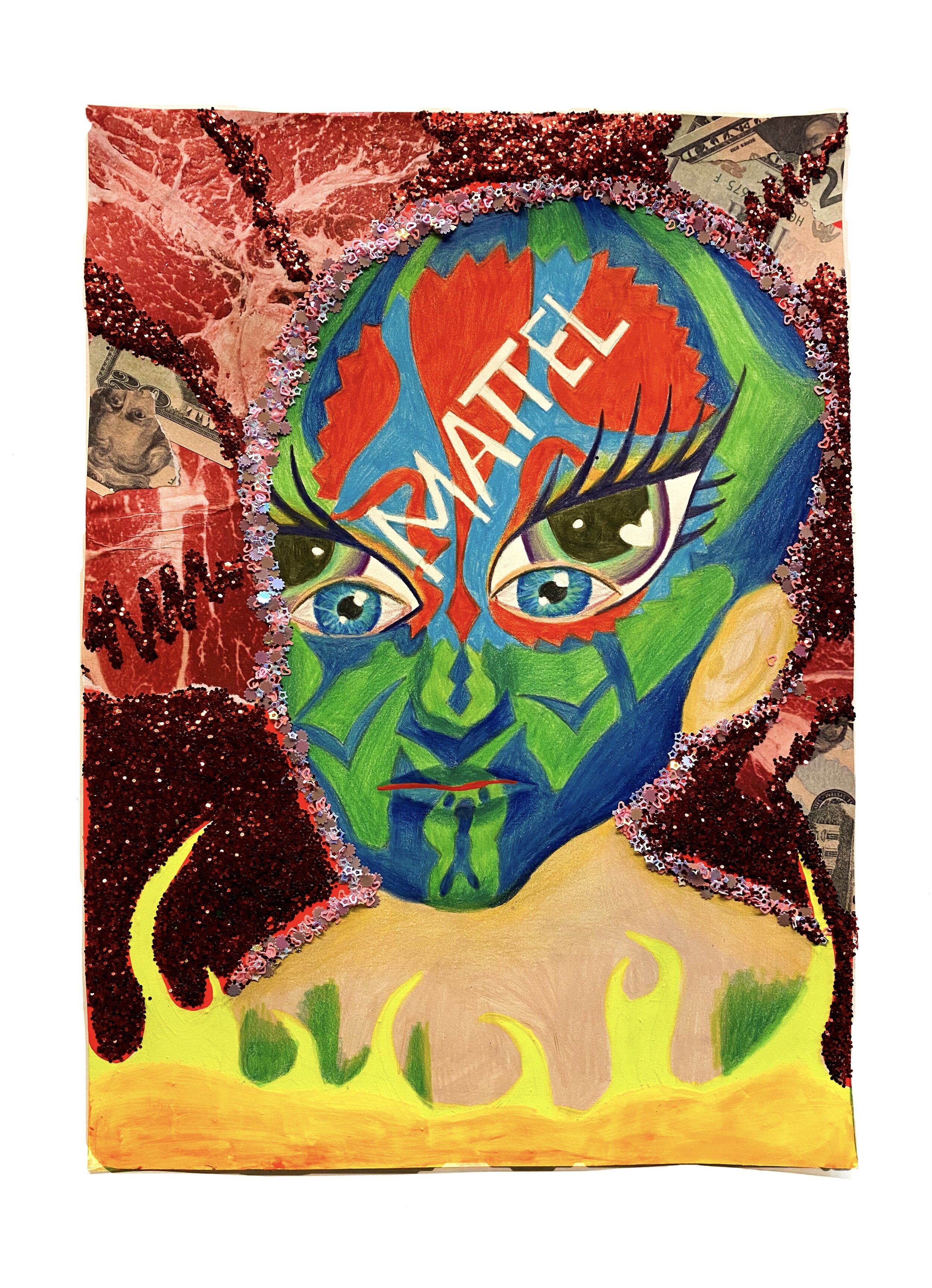   Baby with Darth Maul and Mattel Logo Face Paint,  2021  14 x 10 inches (38.1 x 25.4 cm.)  Colored pencil, money, acrylic paint, glitter, Elmer's glue, Modge Podge, and pictures of meat on paper 