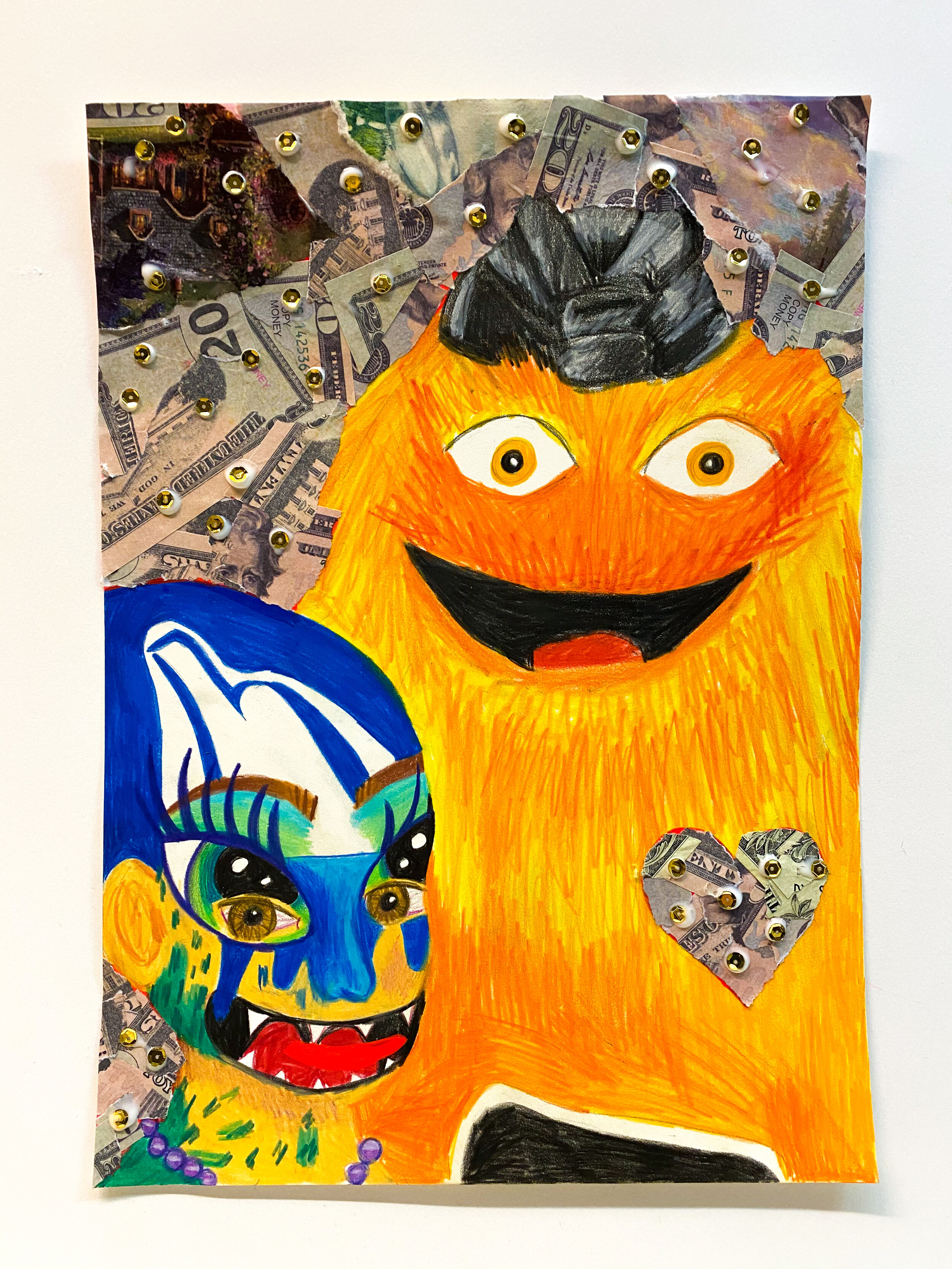  Gritty and Child with Postal Service Face Paint”, 2021  14 x 10 inches (35.56 x 25.4 cm.)  Colored pencil, acrylic paint, money, Thomas Kinkade print, Elmer's glue, Modge Podge, and gold sequins on paper  Private collection, Los Angeles  