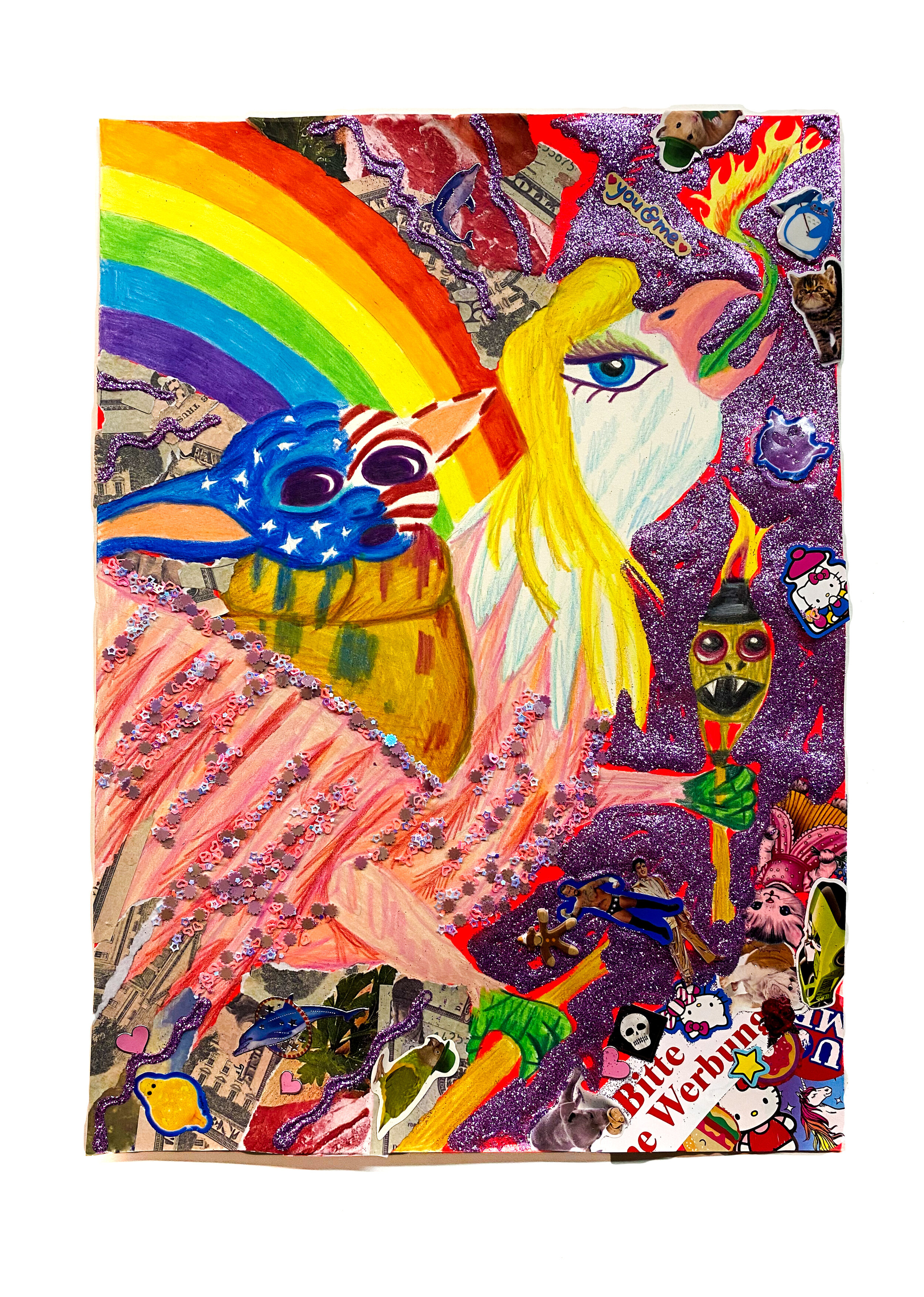   Baby Yoda with Flag Face Paint Riding a Beautiful Blonde Eagle Who is Breaking a Tiki Torch Monster,  2021  14 x 10 inches (35.56 x 25.4 cm.)  Colored pencil, Elmer's glue, Modge Podge, sticker, money, glitter, and pictures of meat 