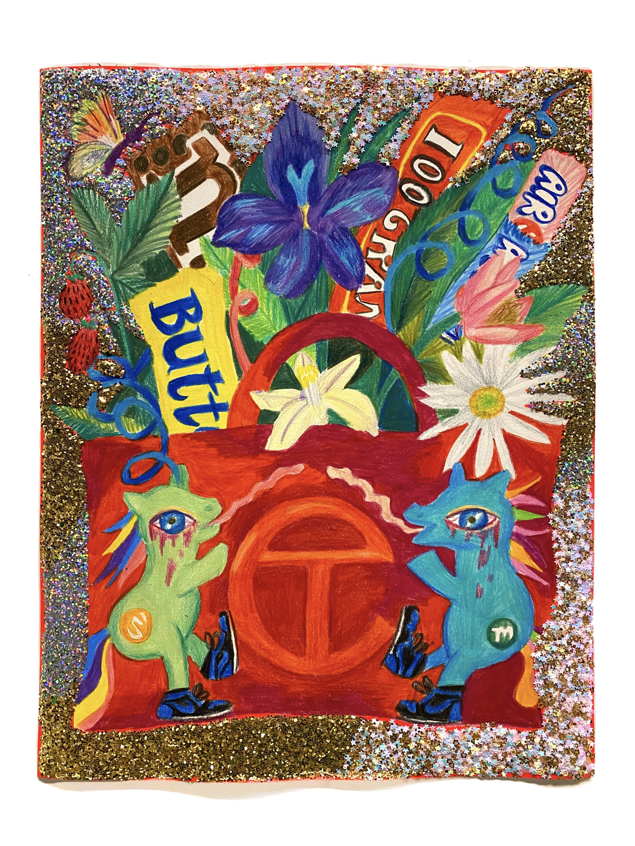   Ashamed Girls Pony #6 (Becky’s Bag Acting as a Vase for a Floral/Candy Bouquet),  2021  14 x 11 inches (35.56 x 27.94 cm.)  Colored pencil, acrylic paint, Elmer's glue, Modge Podge, and glitter on paper 