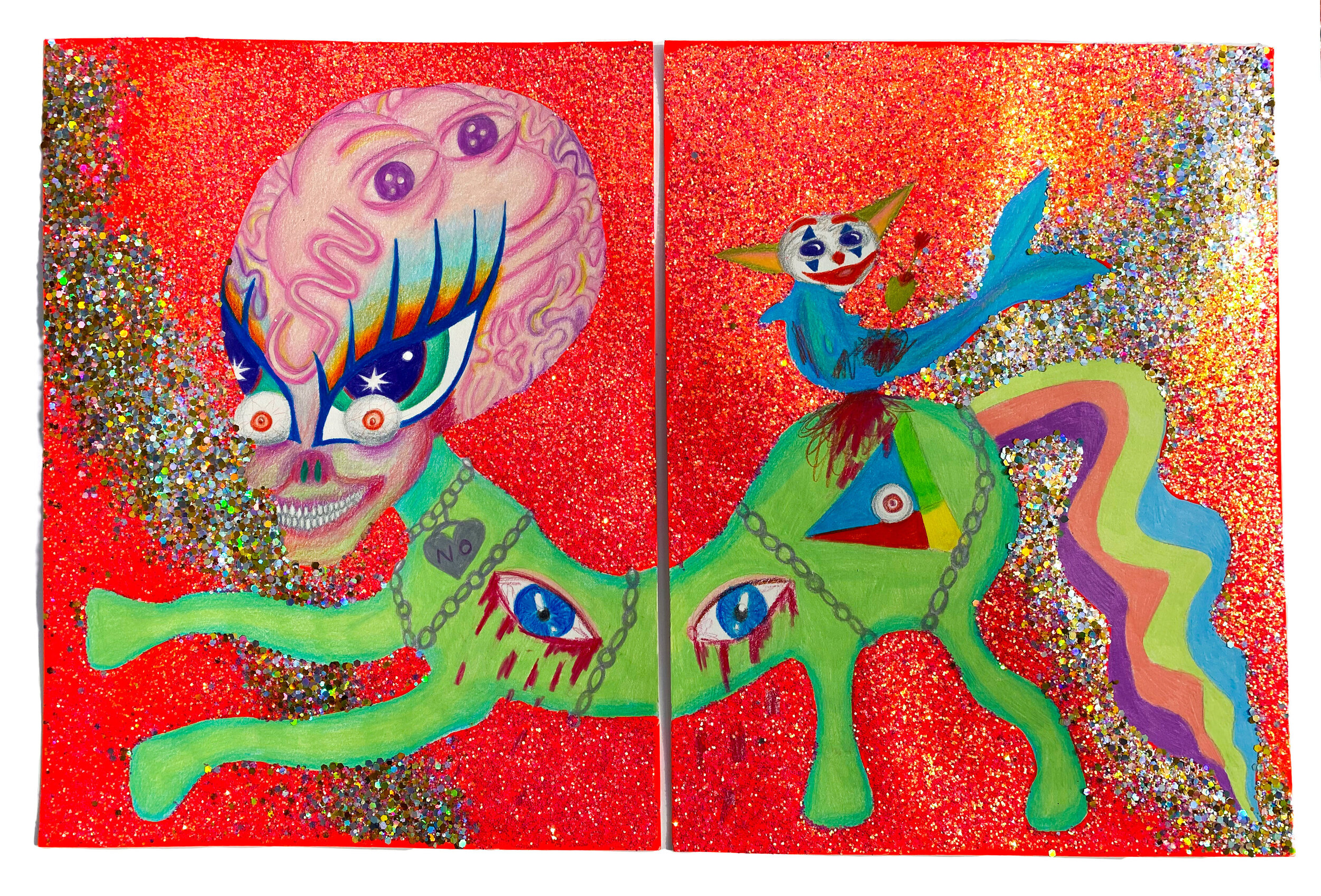  Ashamed Girls Pony #12 , 2021  Approximately 14 x 22 inches (35.56 x 55.88 cm.)  Colored pencil, acrylic paint, Elmer's glue, Modge Podge, and glitter on paper 