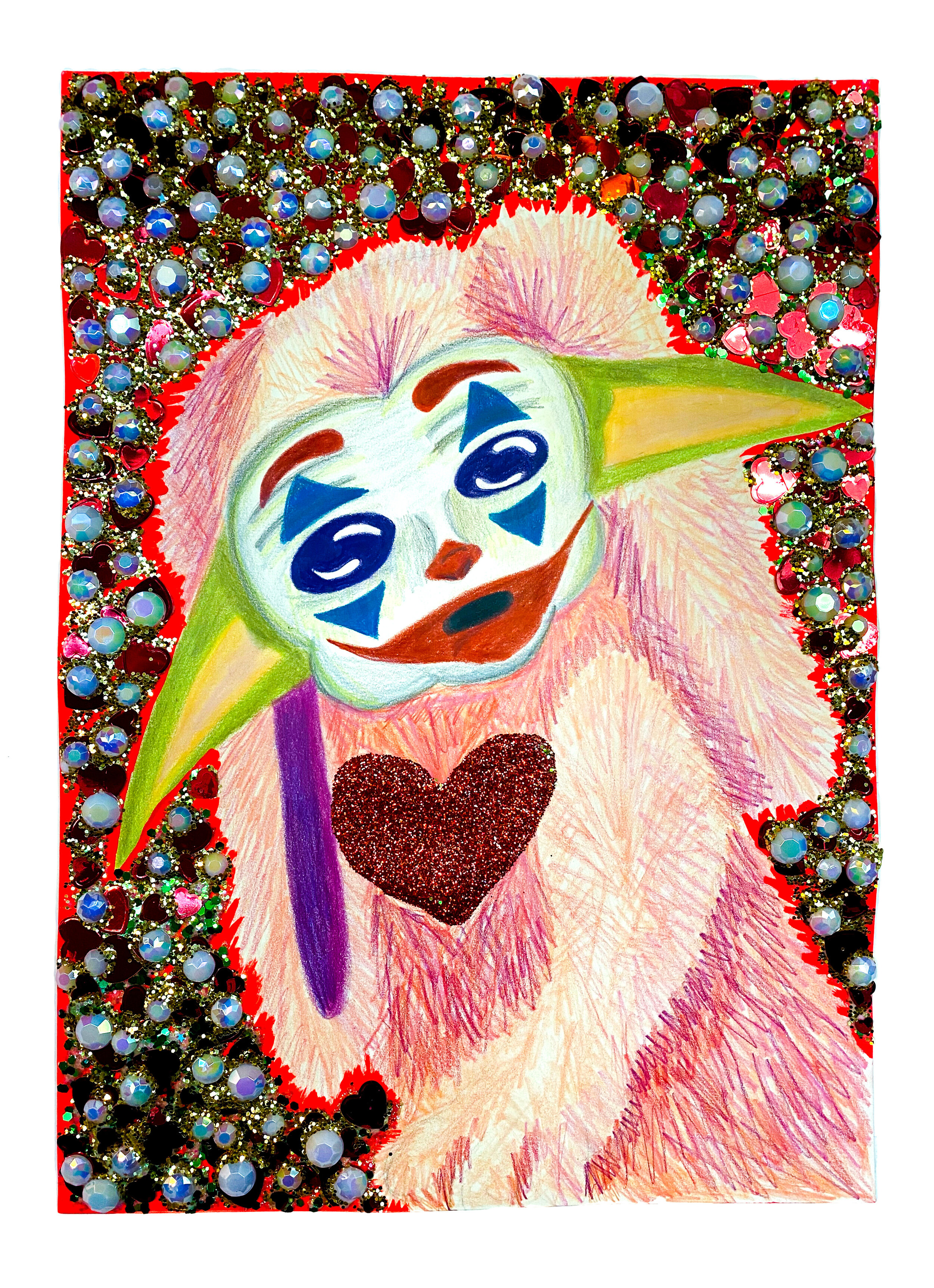   Baby Grogu with Joker Face Paint Dressed as an Anne Geddes Bunny,  2021  14 x 10 inches (35.56 x 25.4 cm.)  Colored pencil, acrylic paint, plastic gems, Elmer's glue, Modge podge, heart shaped sequins, and glitter on paper 