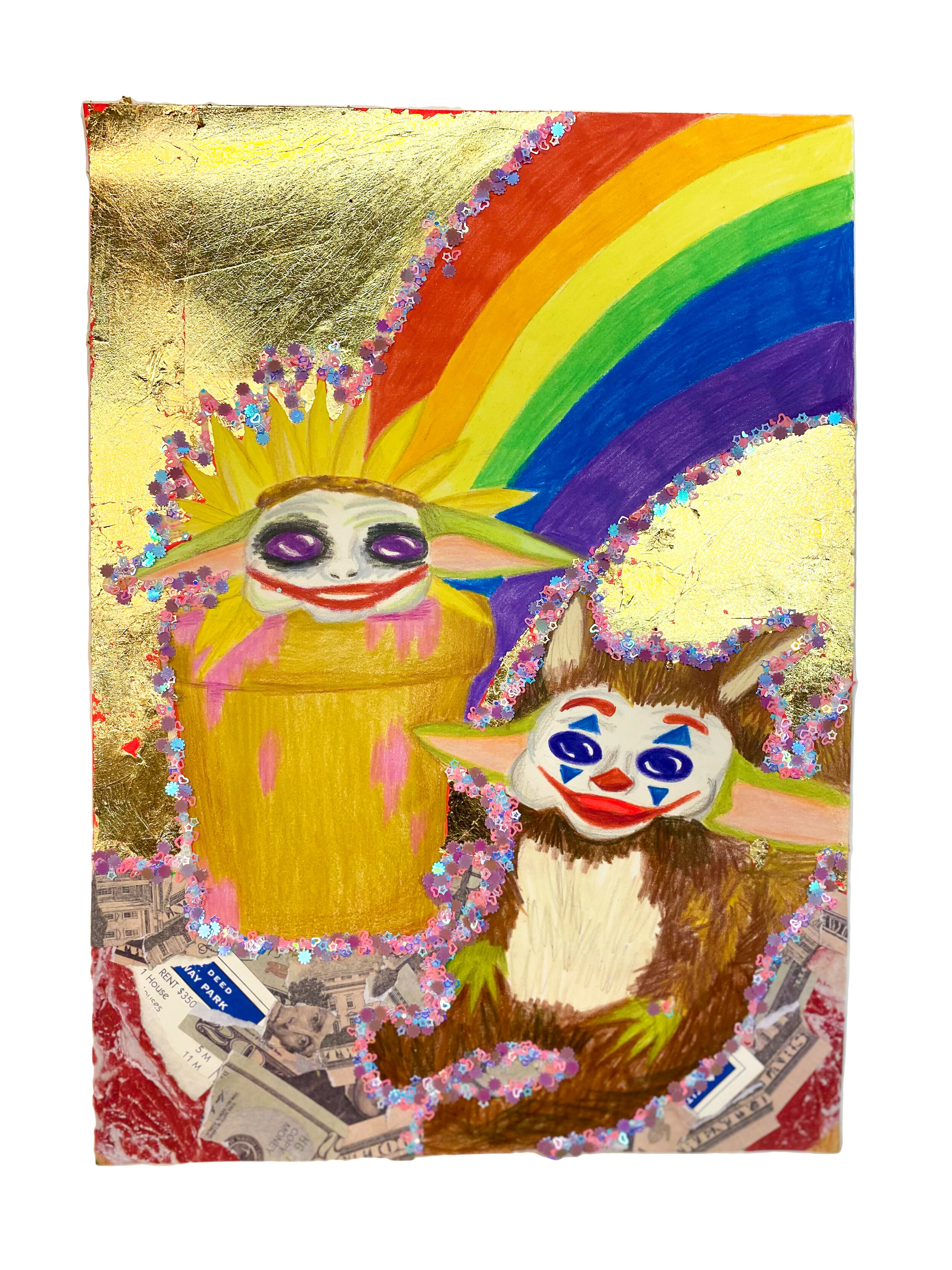   Anne Geddes Joker Grogu , 2021  14 x 10 inches (35. 56 x 25.4 cm.)  Colored pencil, gold leaf, Elmer's glue, Modge Podge, pictures of meat, acrylic paint, money, glitter, and Monopoly cards on paper 