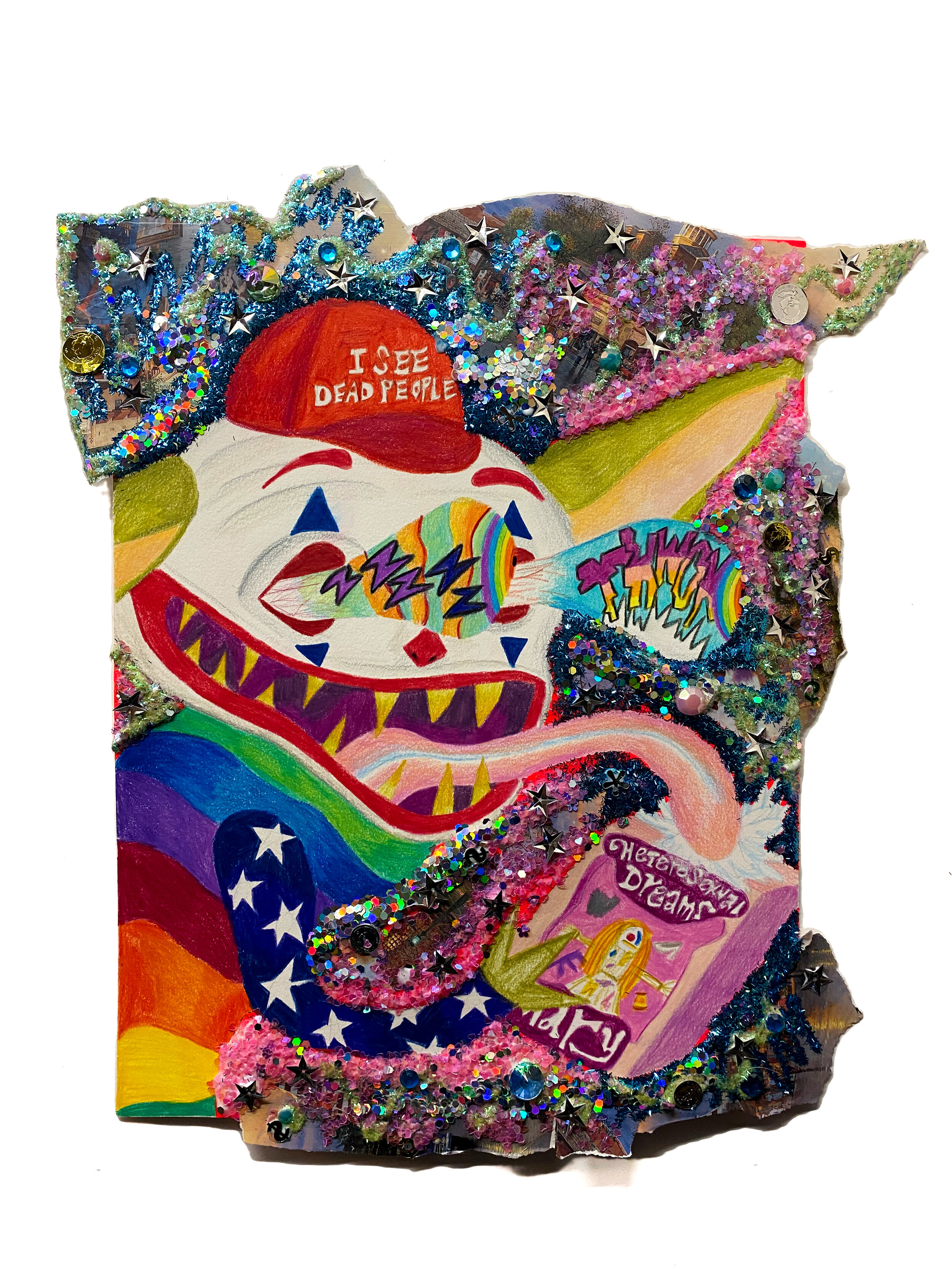   Baby Grogu in 2019 Joker Make Up and Heterosexual Dreams Mary Corn Husk Doll,  2021  Approximately 16 x 14 inches (40.64 x 35.56 cm.)  Colored pencil, sequins, plastic gems, Thomas Kinkade prints, acrylic paint, Elmer's glue, Modge Podge, and glitt
