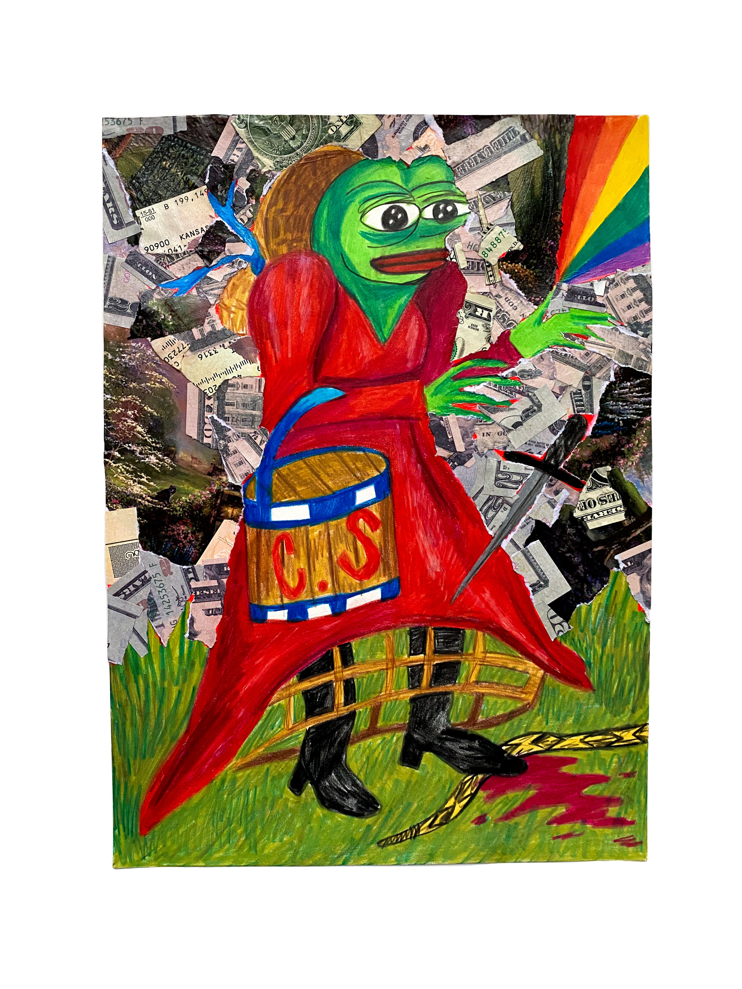   Pepe in Petticoats #1 , 2021  14 x 10  inches (35.56 x 25.4 cm.)  Colored pencil, fake money, acrylic paint, Modge Podge, and Thomas Kinkade print on paper 