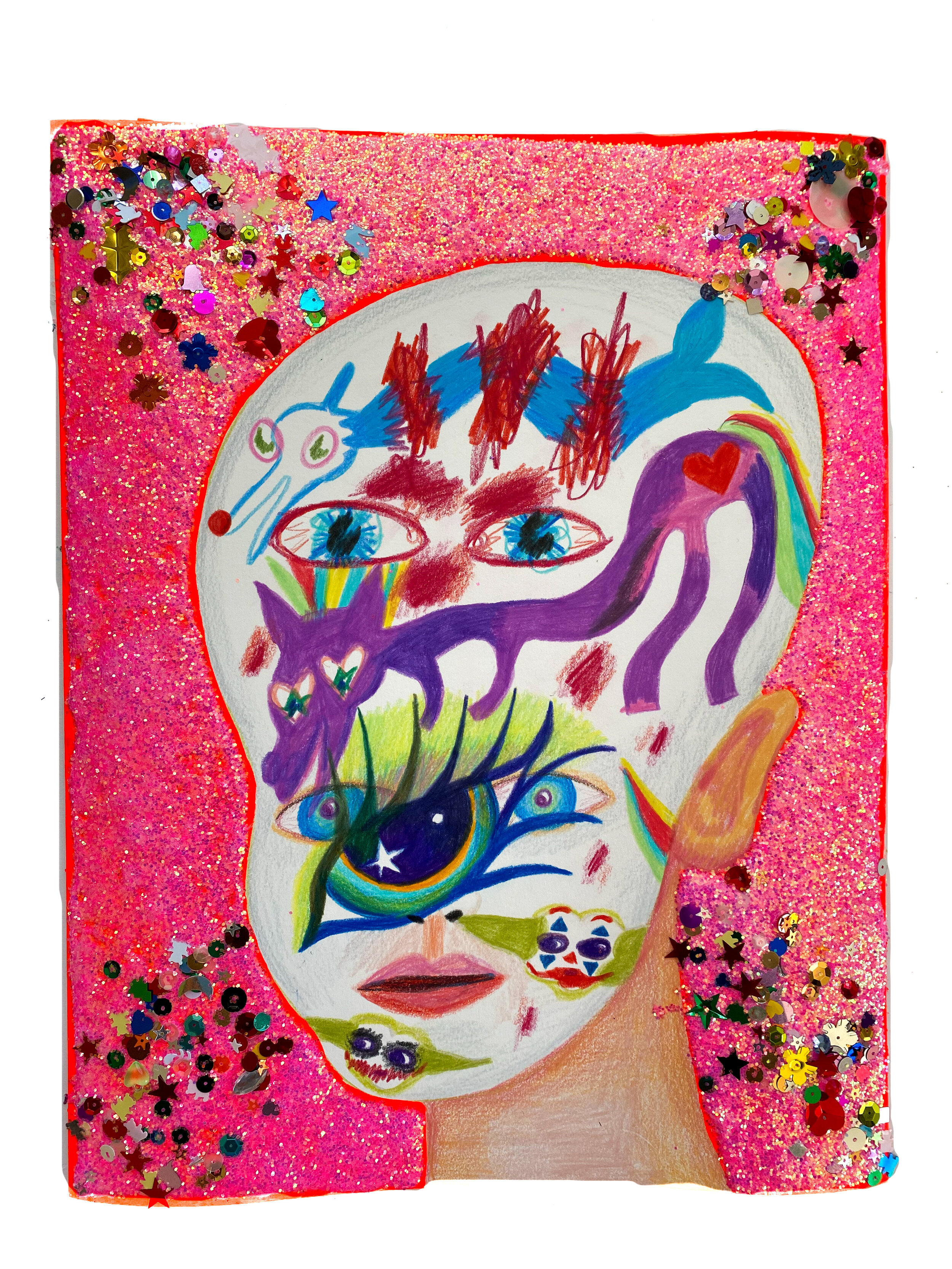   Baby with Baby Grogu as Movie Jokers / Ashamed Girls Pony #10 / Join or Die Dolphin Face Paint),  2021  14 x 11 inches (38.1 x 27.94 cm.)  Colored pencil, sequins, acrylic paint, Elmer's glue, Modge Podge, and glitter on paper 