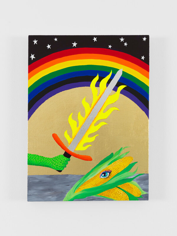   Flaming Sword and Harvest , 2018  26 x 19 x 1.5 inches (66.04 x 48.26 x 3.81 cm.)  Acrylic, gold leaf, and silver leaf on linen 