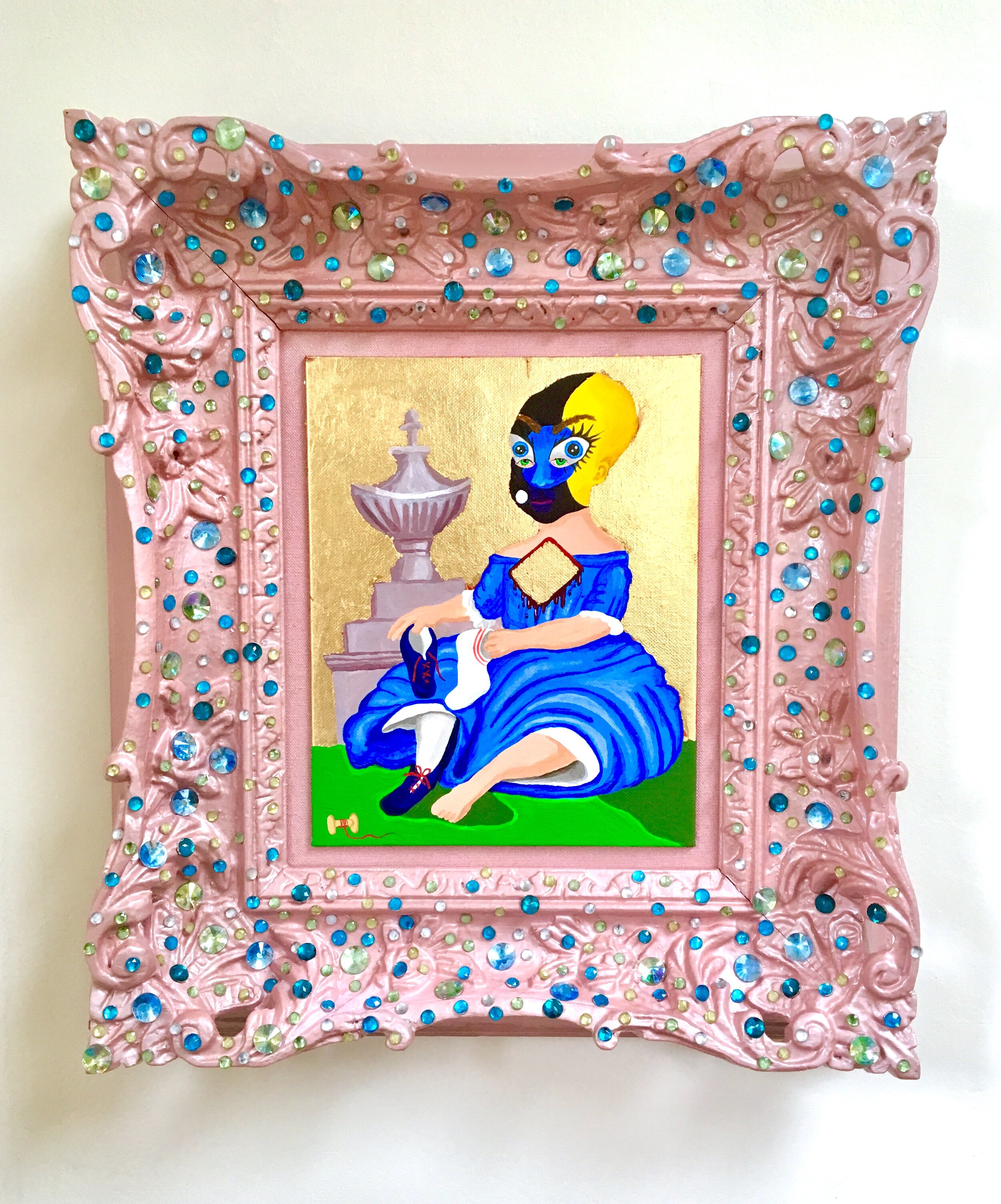   Baby with socks and Monument (The String of Life),  2018  10 x 8 inches with frame: 16 x 16 x 2.5 inches (40.64 x 40.64 cm.)  Acrylic and gold leaf on canvas board with artist’s embellished and painted antique frame  Private collection, Washington 