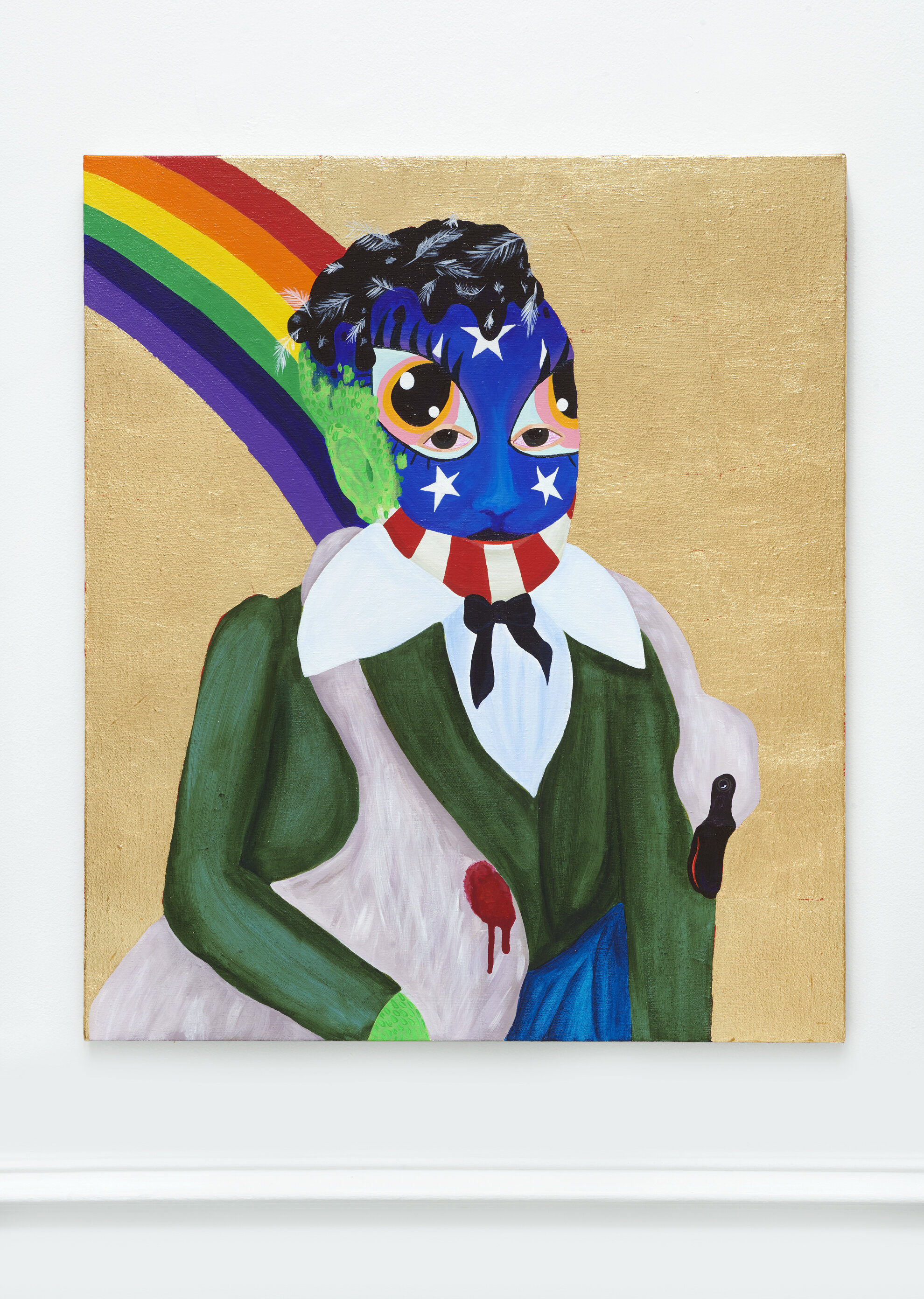   Parsifal (Tar and Feather Betsy Ross Face Paint),  2019  24 x 28 x 1.5 inches (60.96 x 71.12 x 3.18 cm.)  Acrylic and gold leaf on linen  Private collection, Paris 